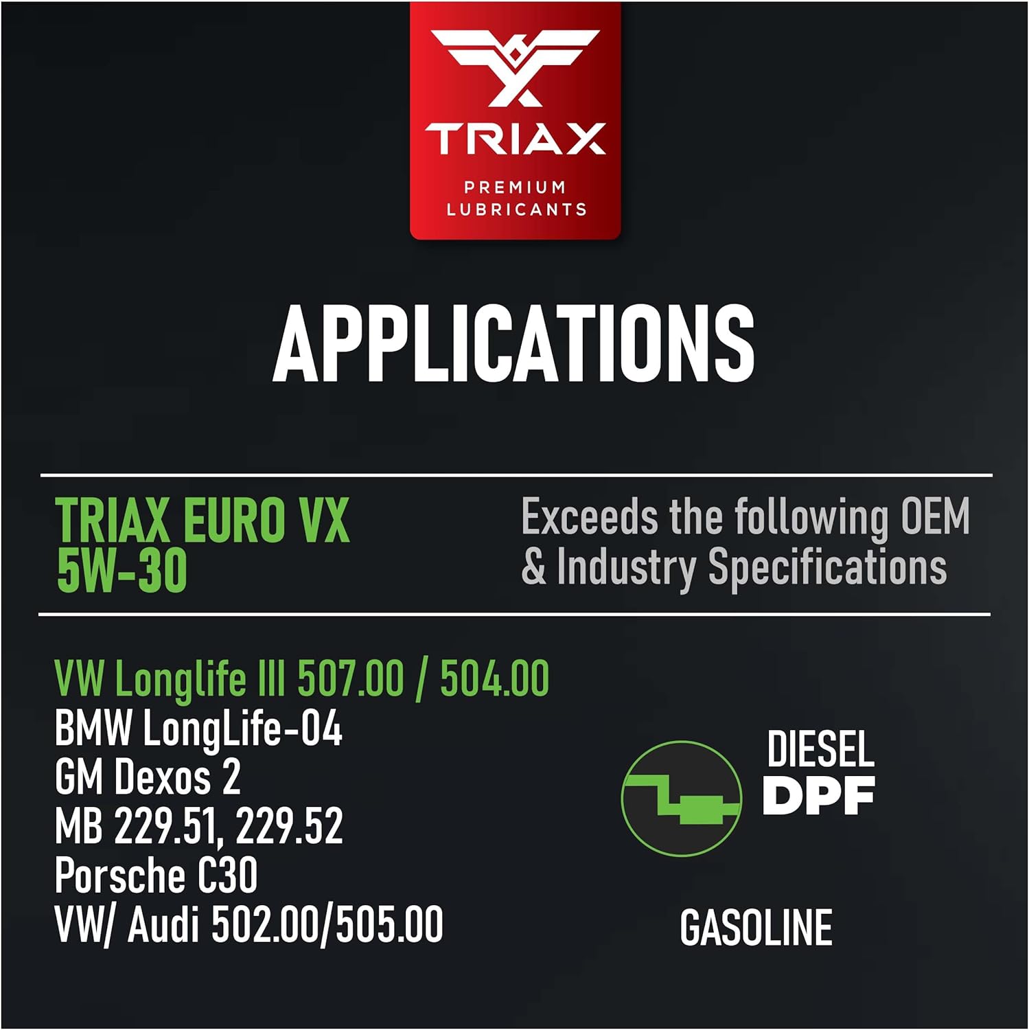 TRIAX Euro VX 5W-30 Full Synthetic Ester, compatible con VW 507.00504.00, VW Audi 502.00, 505.01, BMW LL-04, Porsche C30, ACEA C3, Mercedes 229.51,