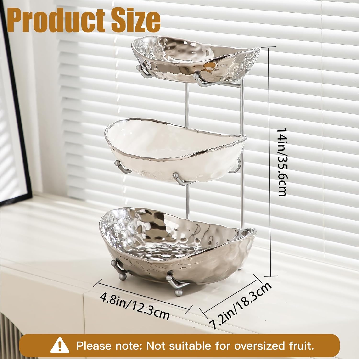 Frutero para encimera de cocina, cuencos de cerámica de 3 niveles con soporte de metal, cesta de frutas escalonada para almacenamiento de frutas y