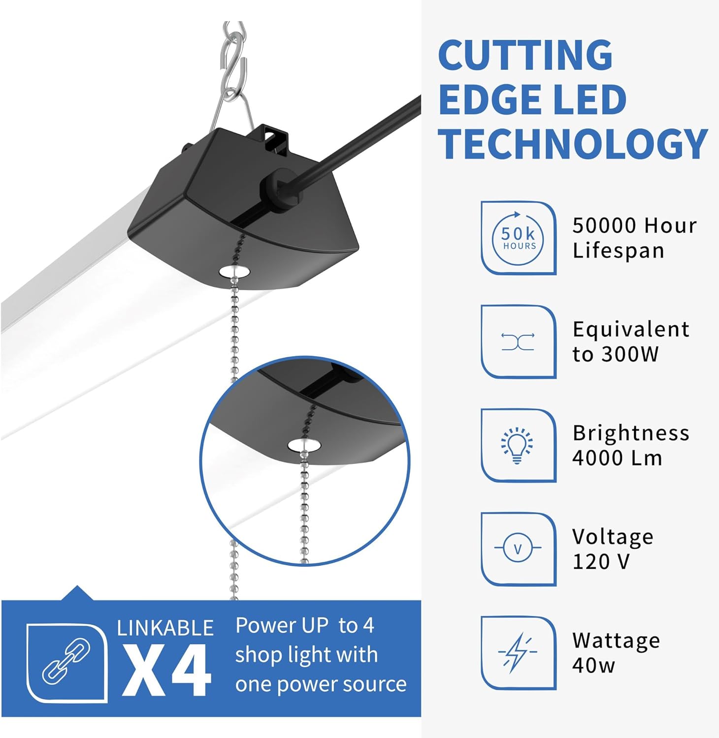 DYMOND Lámpara LED envolvente de 4 pies y 40 W con cadena de tracción, luz diurna blanca 5000 K para garaje, taller, sótano