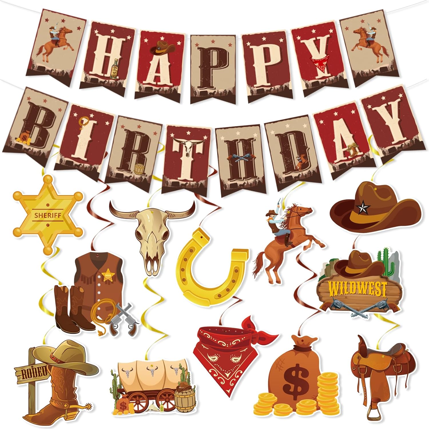 Decoraciones de fiesta de cumpleaños de vaquero, 29 piezas de remolinos colgantes occidentales, decoraciones de fiesta de cumpleaños, remolinos