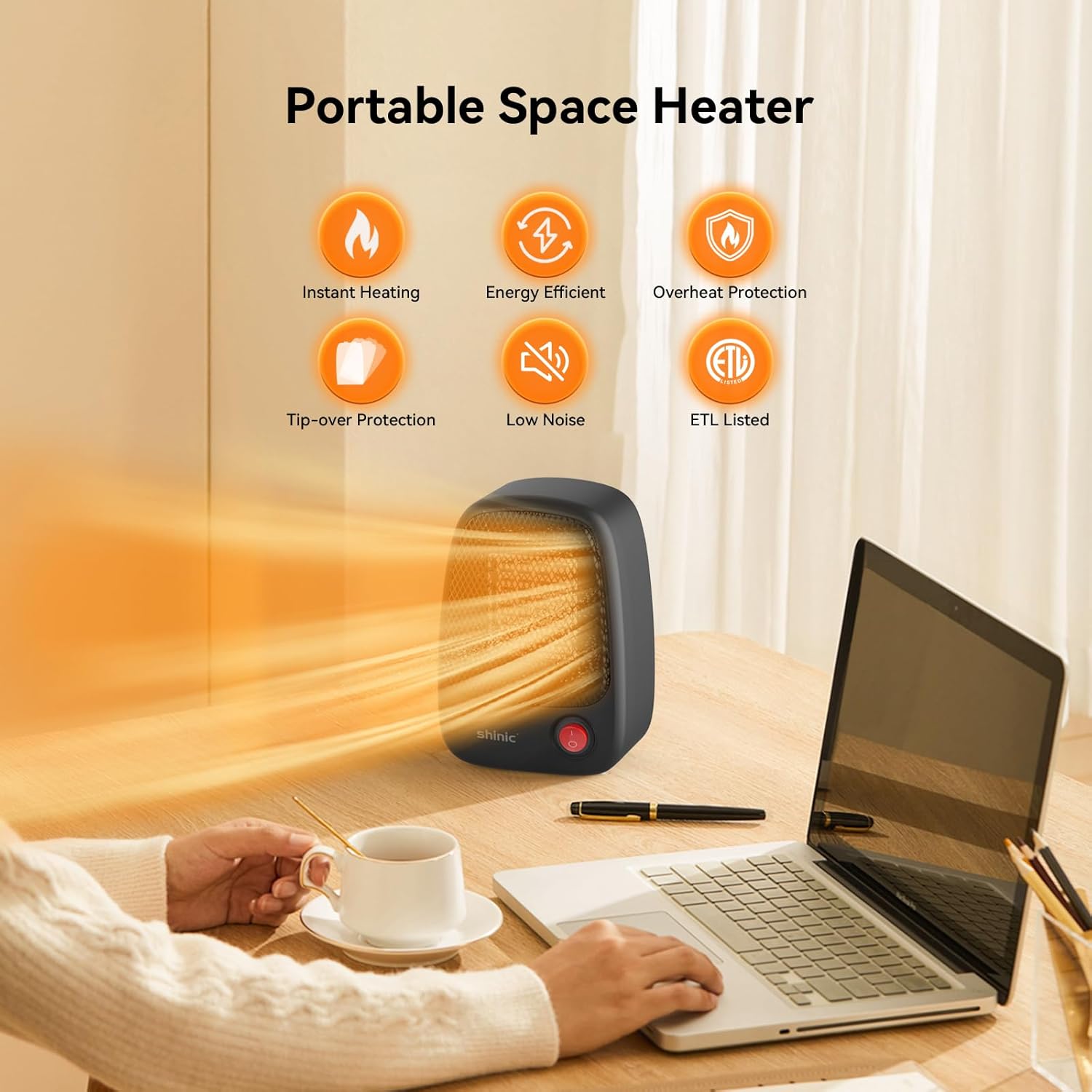 shinic Paquete de 2 mini calentadores personales de cerámica para espacios pequeños, calentador eléctrico portátil de 500 W para uso en interiores,