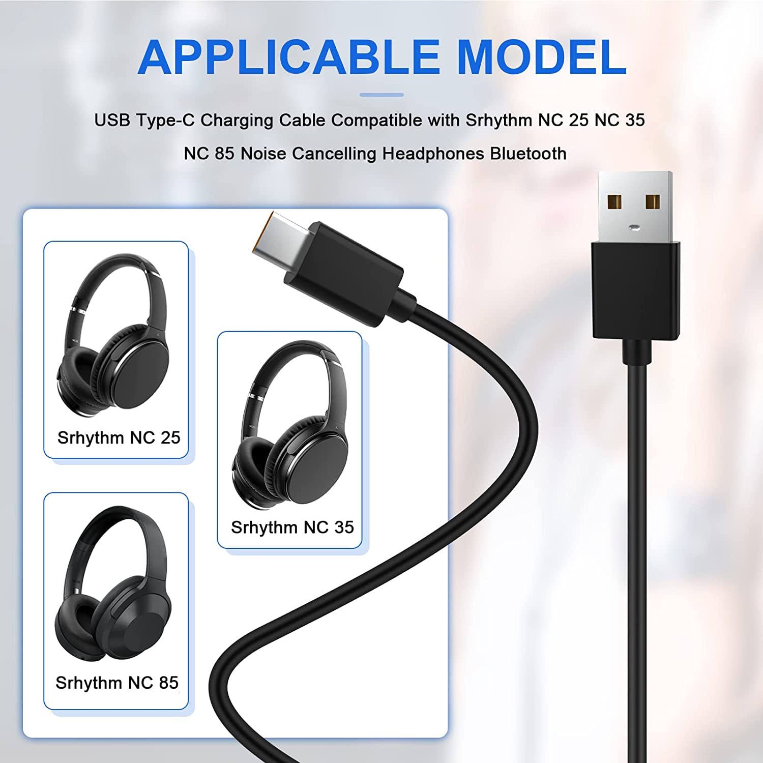 Cable de carga USB tipo C de repuesto compatible con Srhythm NC 25 NC 35 NC 85, Soulmate Series 5, Soulmate Series 3, auriculares con cancelación de