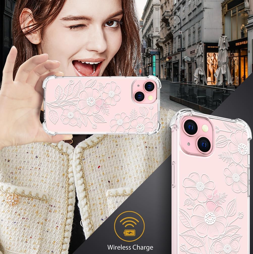 Funda compatible con iPhone 15 Plus, linda flor floral transparente para mujeres, diseño femenino, funda transparente de diseño floral, compatible