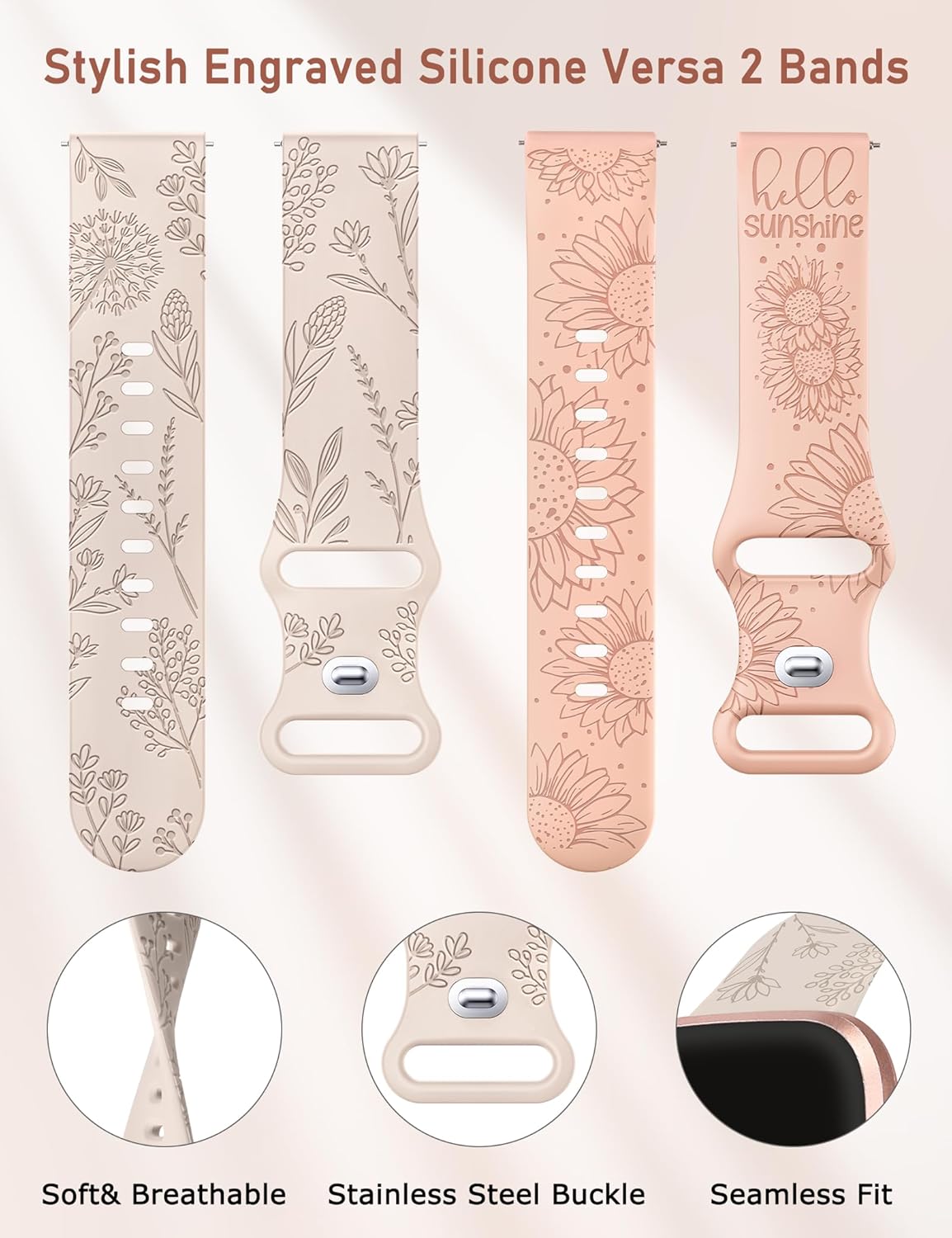 Minyee Paquete de 2 correas grabadas florales compatibles con correas Fitbit Versa 2Fitbit VersaVersa Lite para mujer, bonita correa de silicona