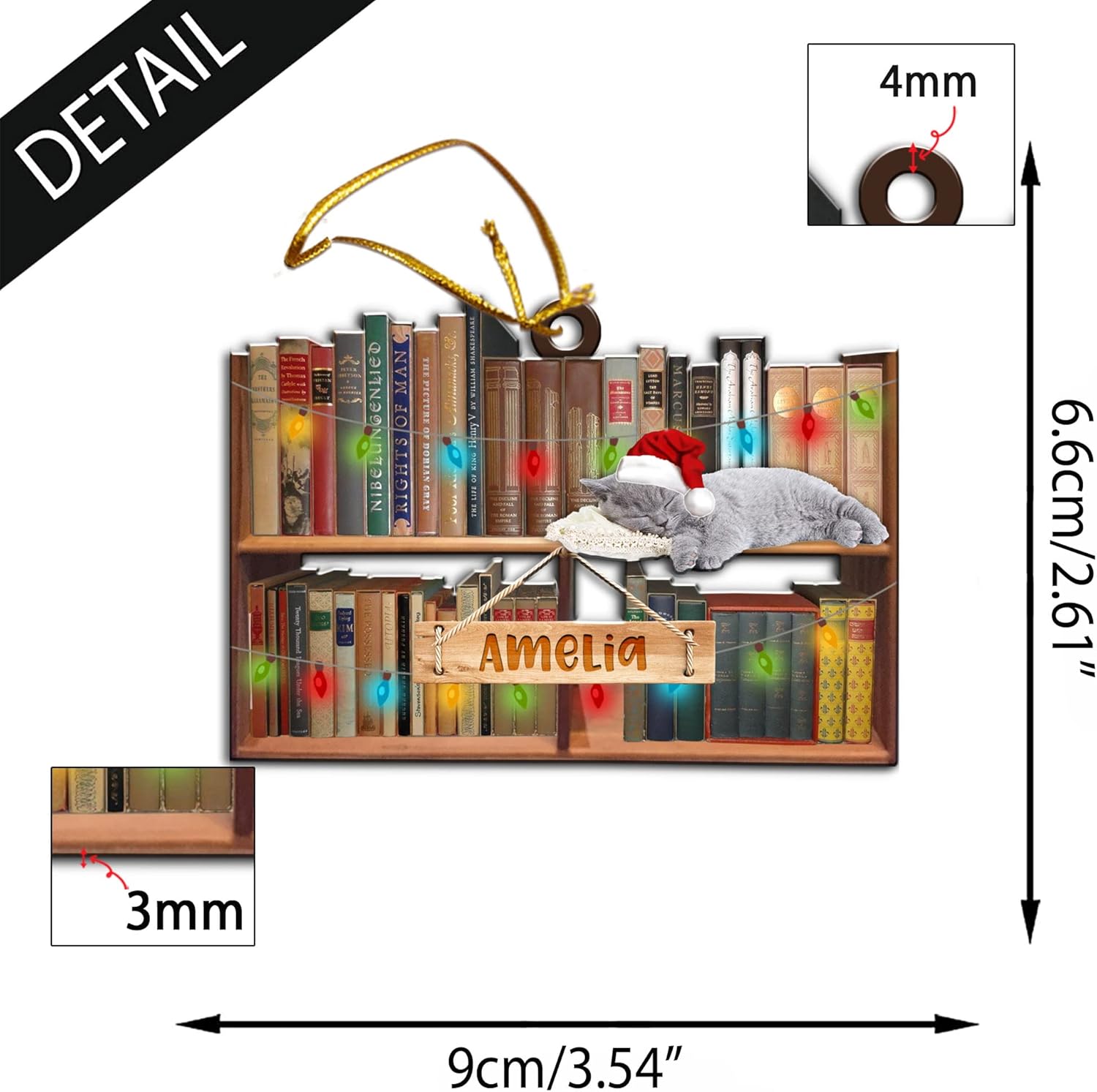Adorno de Navidad personalizado para amantes de los libros, adorno de gato y pila de libros, adorno de Navidad de libro de lectura, regalo para su