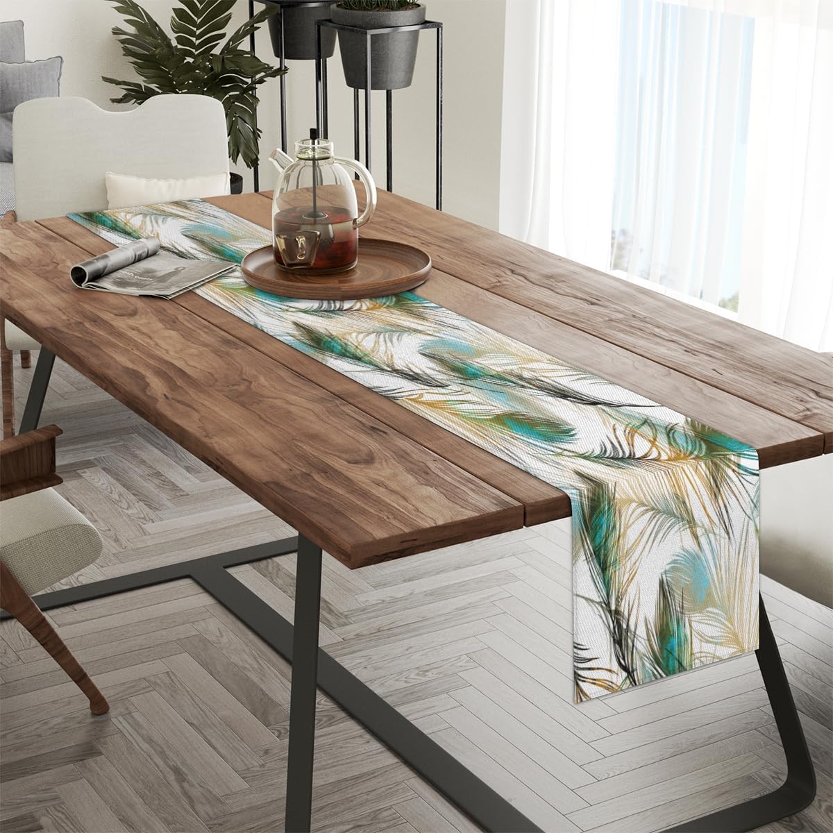 Camino de mesa con plumas de pavo real, mantel de lino rústico otoñal, decoración de mesa de cocina y comedor para fiesta en el hogar, 13 x 72
