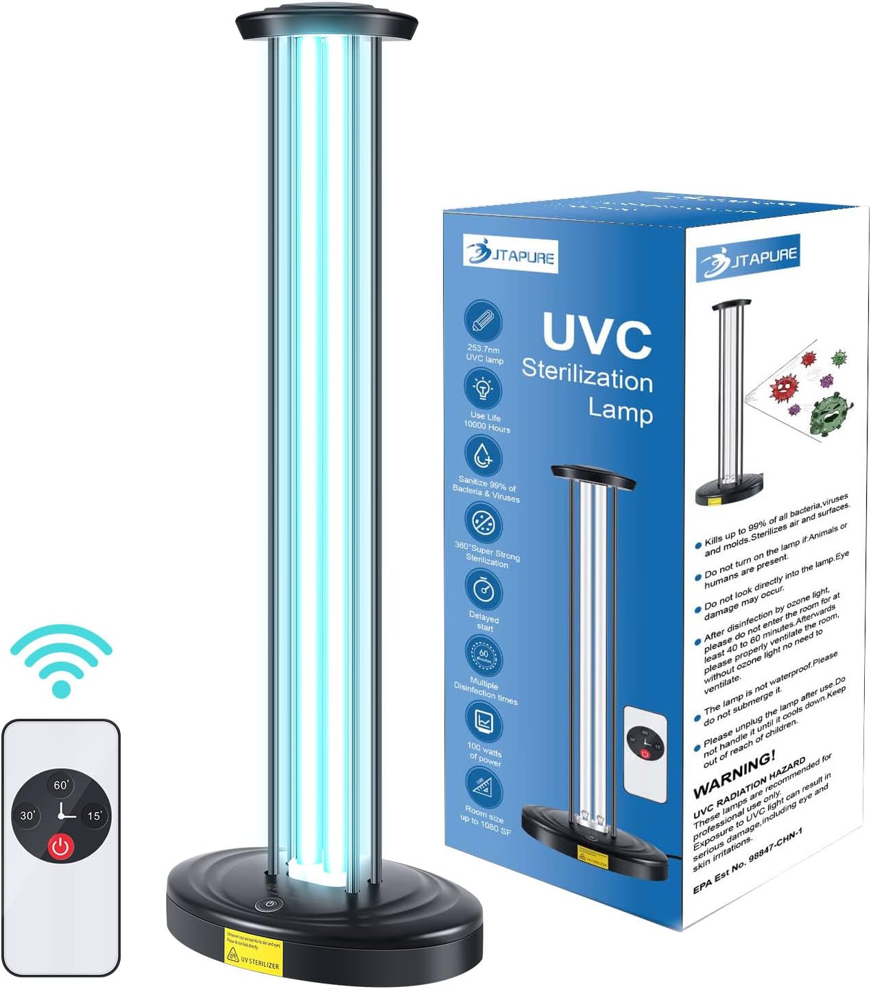 Lámpara germicida ultravioleta, desinfectante de luz UV sin ozono de 100 W para habitación grande, con control remoto de sincronización de tres