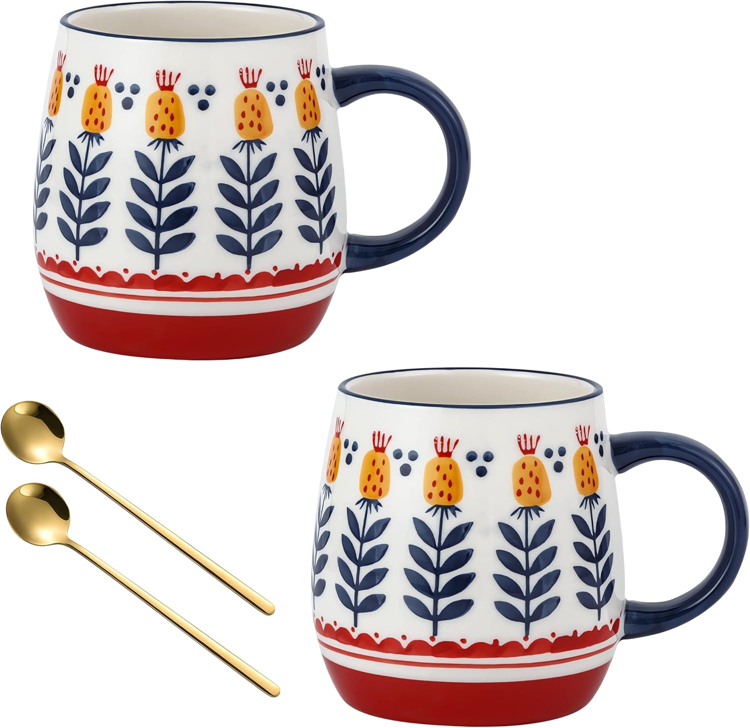 Juego de 2 tazas de café de cerámica de 16 onzas, diseño de flores, taza de café de cerámica para té con leche, capuchino, el mejor regalo de
