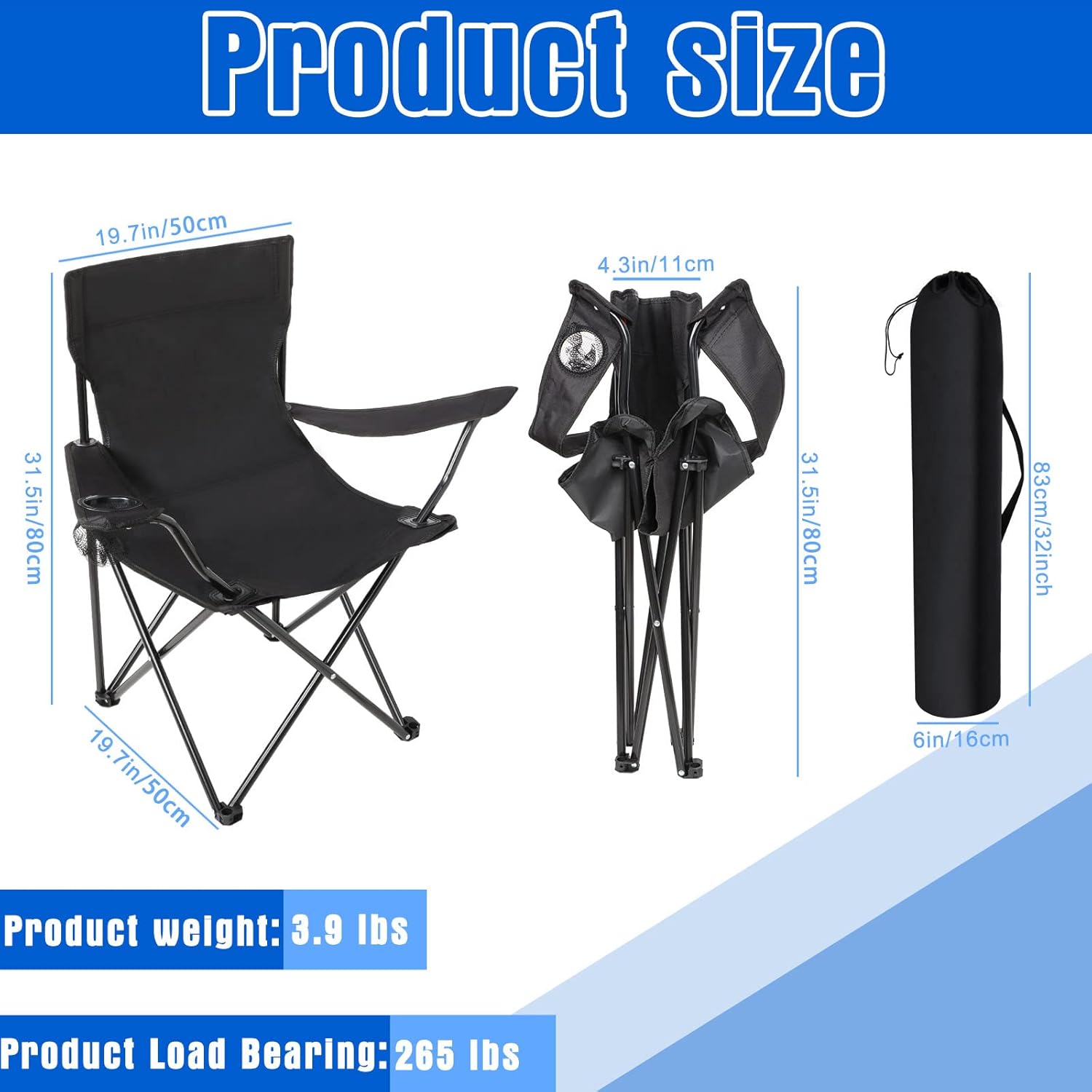 Paquete de 2 sillas plegables de gran tamaño para campamento, sillas de césped resistentes con bolsa de transporte, portavasos, sillas plegables
