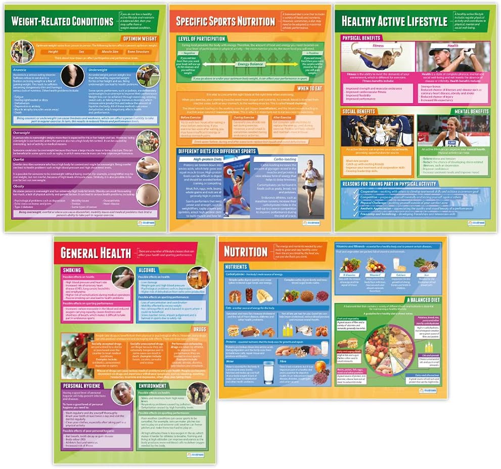 Daydream Education Pósteres de salud, fitness y bienestar  Juego de 5  Laminado  FORMATO GRANDE 33 x 23.5 pulgadas  Decoración de aula  Tablas de