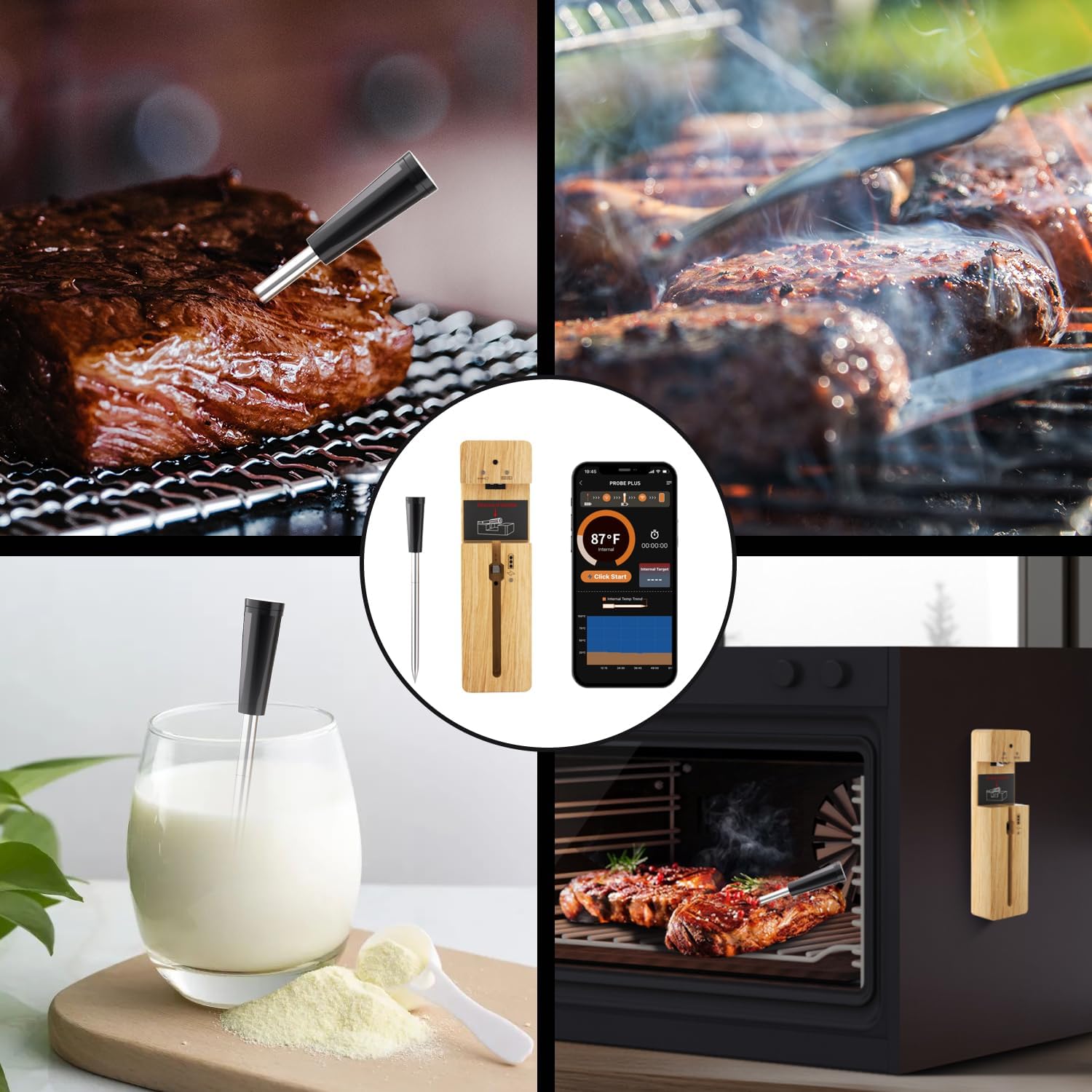 Termómetro de carne verdaderamente inalámbrico, termómetro digital Bluetooth para horno con control de aplicación, alcance remoto de 393.7 ft393