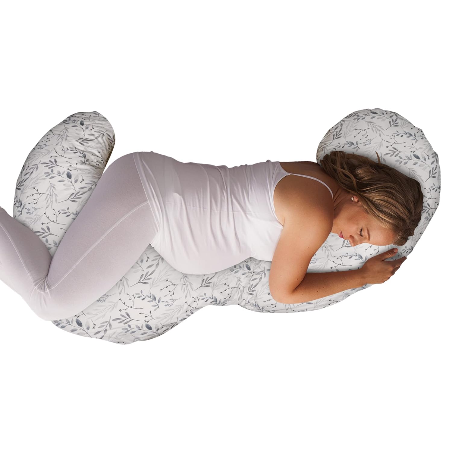 Boppy Almohada de embarazo de cuerpo total con funda de almohada extraíble fácil de poner en hojas grises dispersas y almohada de embarazo con funda