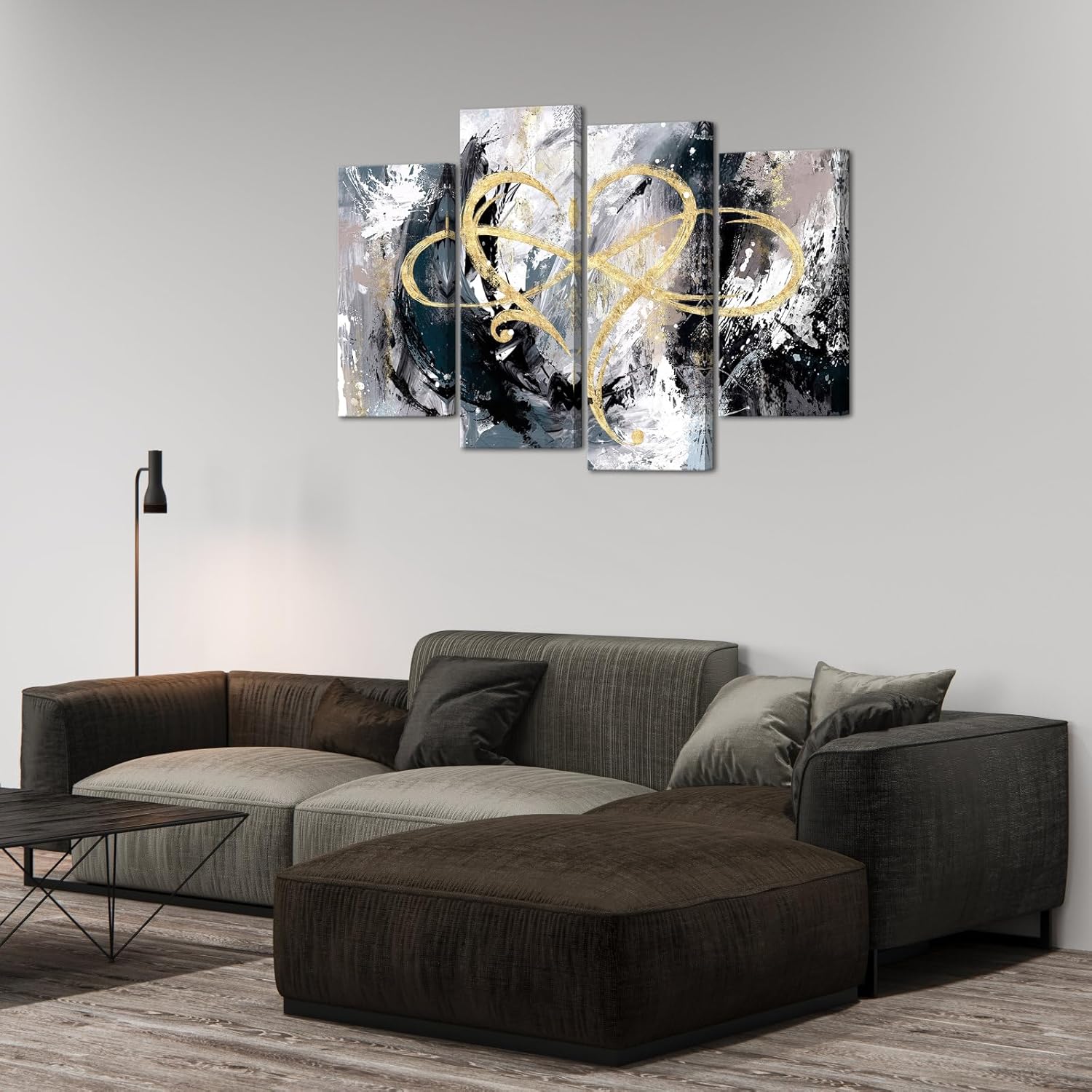 iHAPPYWALL Lienzo de 4 paneles con diseño de corazón infinito, arte abstracto de amor eterno, geométrico, gris y dorado, para dormitorio, sala de