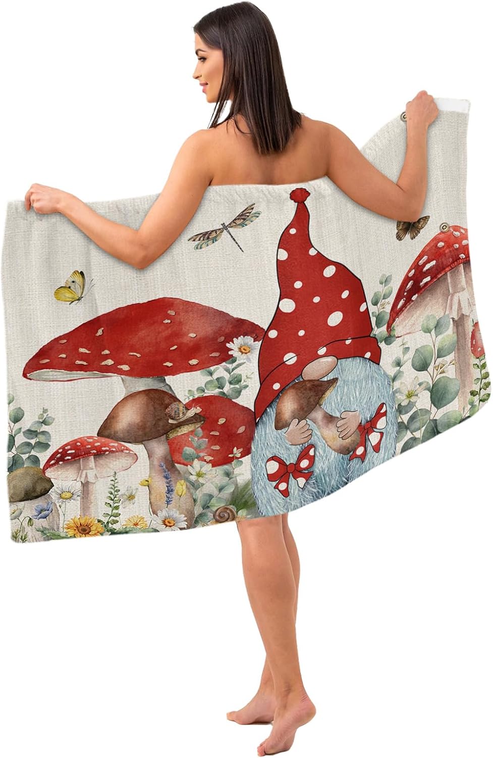 Bata de ducha para mujer, toalla para el cuerpo, toalla de spa, gnomos de hongos rojos, suave y absorbente, con cierre a presión ajustable, diseño