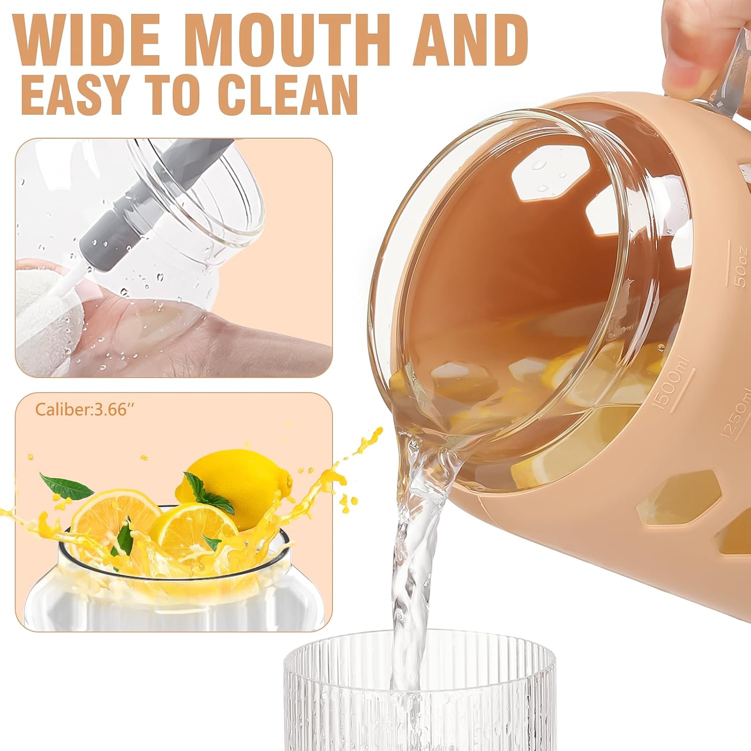 MUKOKO Vaso de vidrio con tapa de bambú y pajita, botellas de agua de vidrio de 50 onzas con marcador de tiempo, taza de café helado con asa, taza