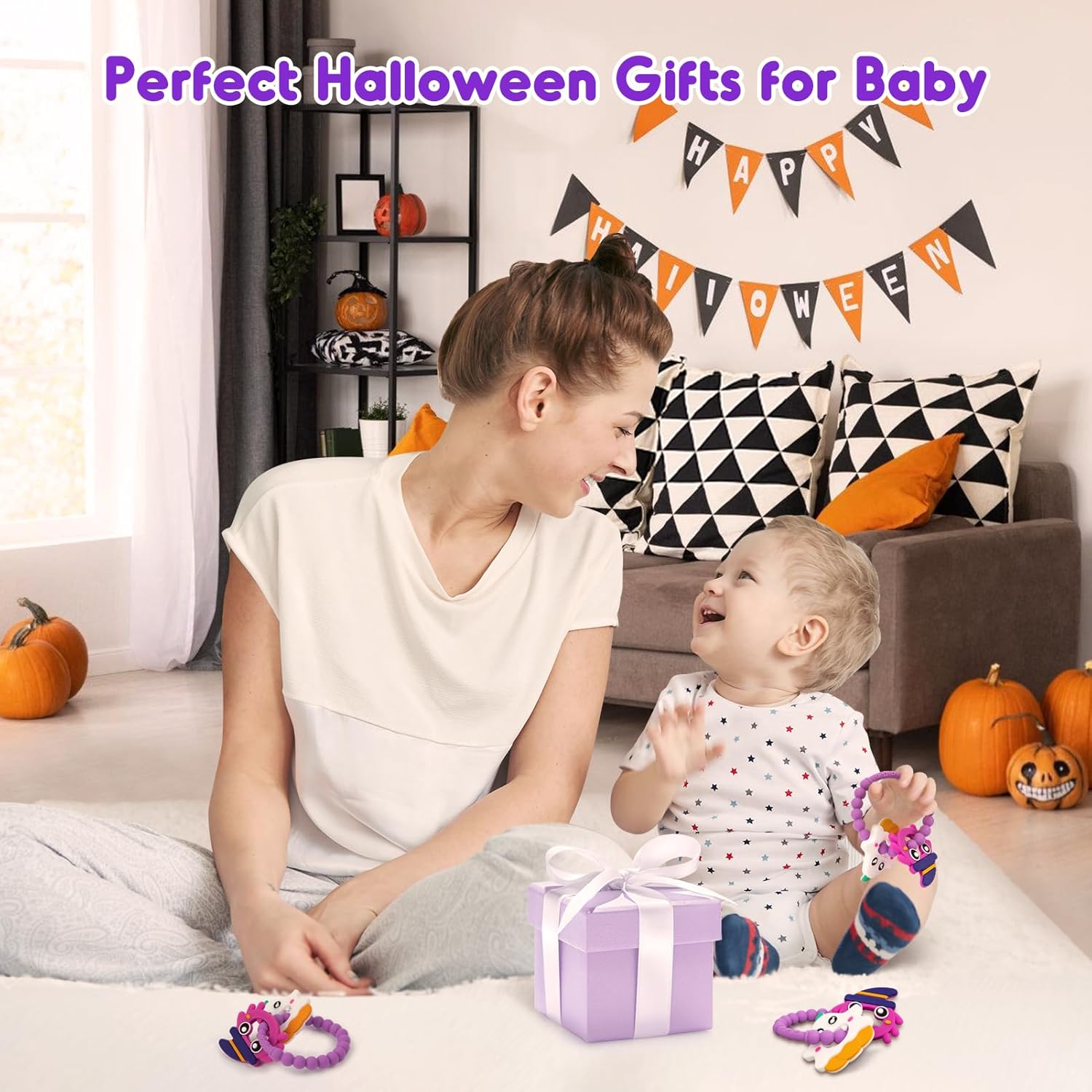 Juguetes de Halloween para bebés, mordedores de anillo para bebés de 0 a 6 meses, agarre de Halloween, juguetes de silicona para masticar, para