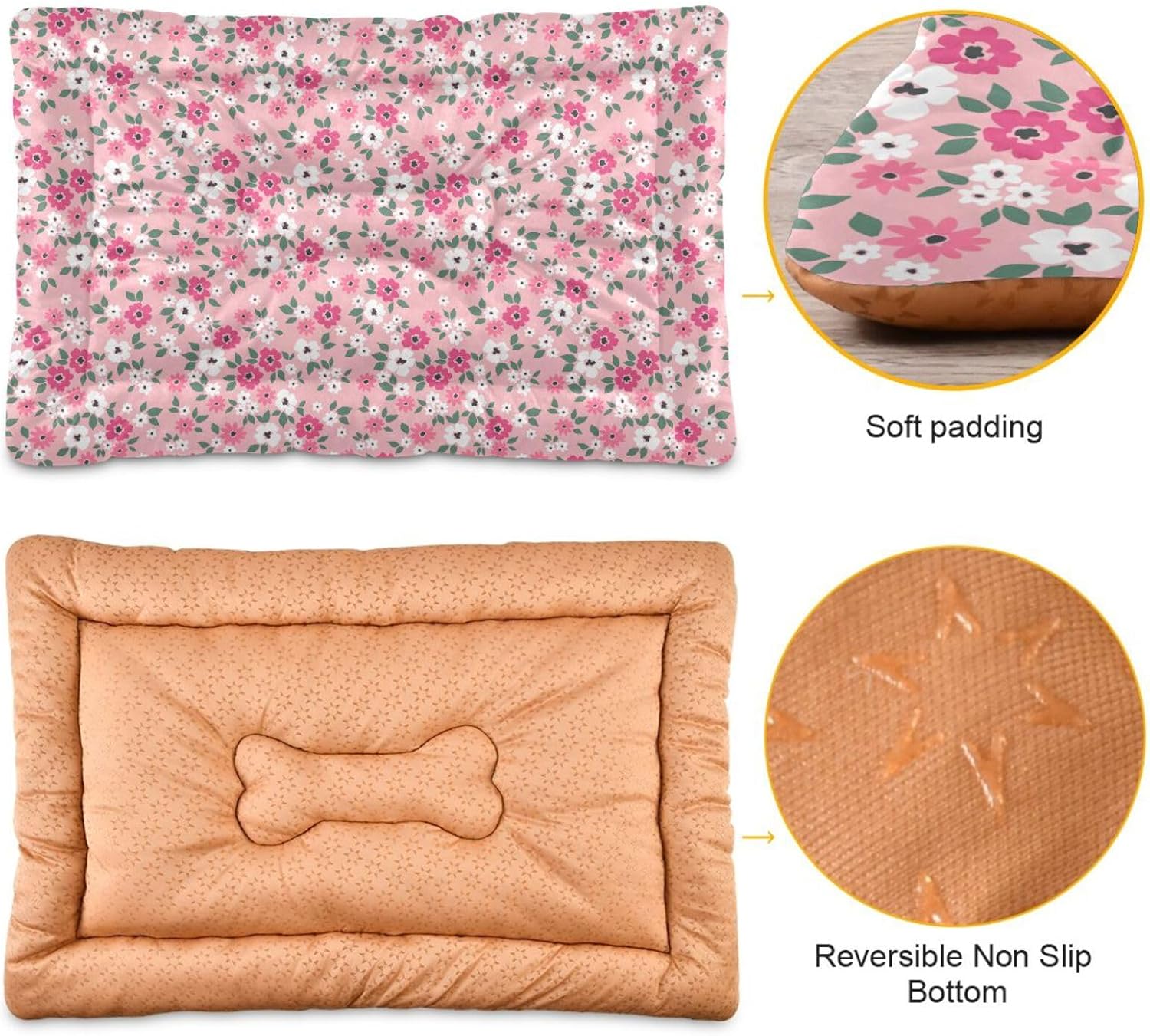 Almohadilla de cama para mascotas con diseño floral rosa, tapete suave para cama de perro con parte inferior antideslizante, lavable a máquina,