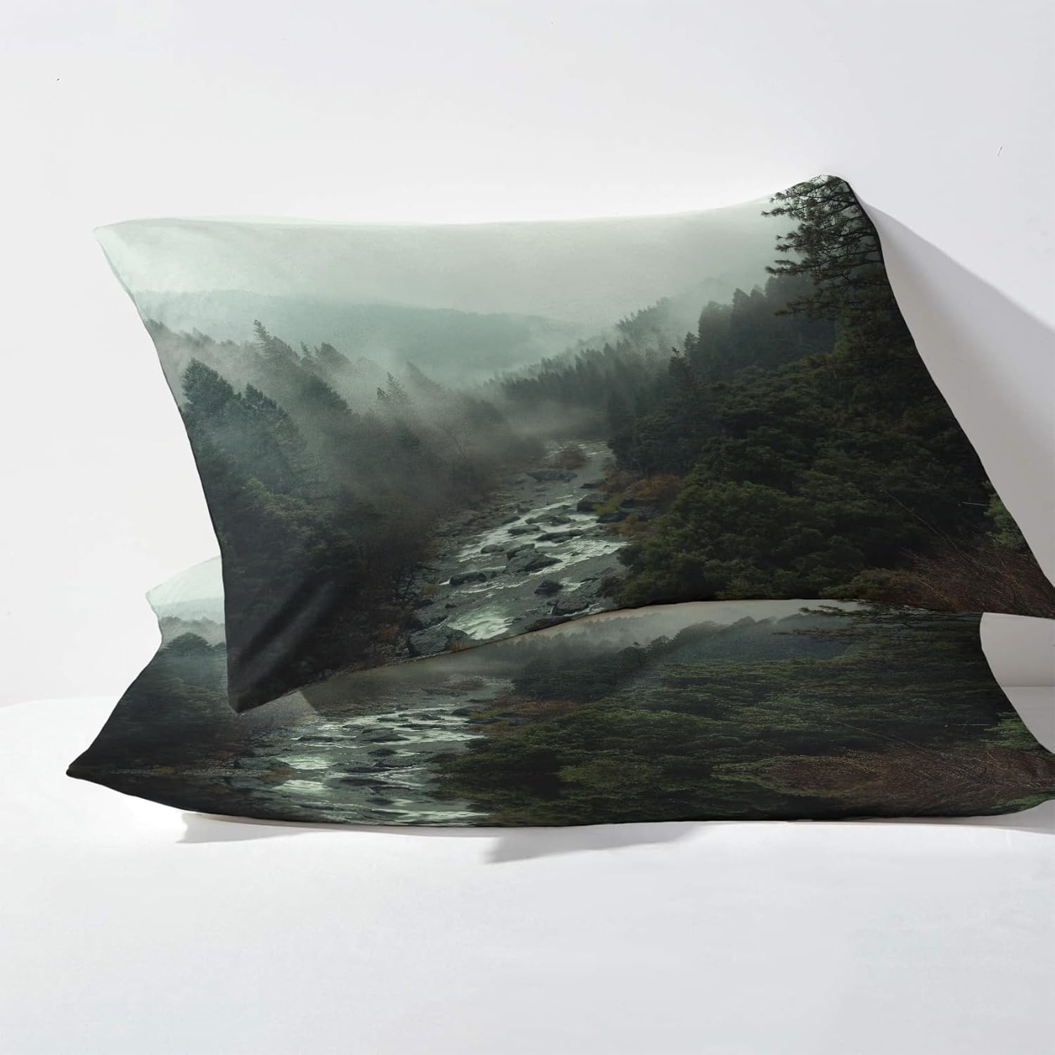 Misty Forest Sábanas Split King para cama ajustable, sábanas de paisaje, sábanas estampadas y juego de 5 piezas, microfibra suave con bolsillo