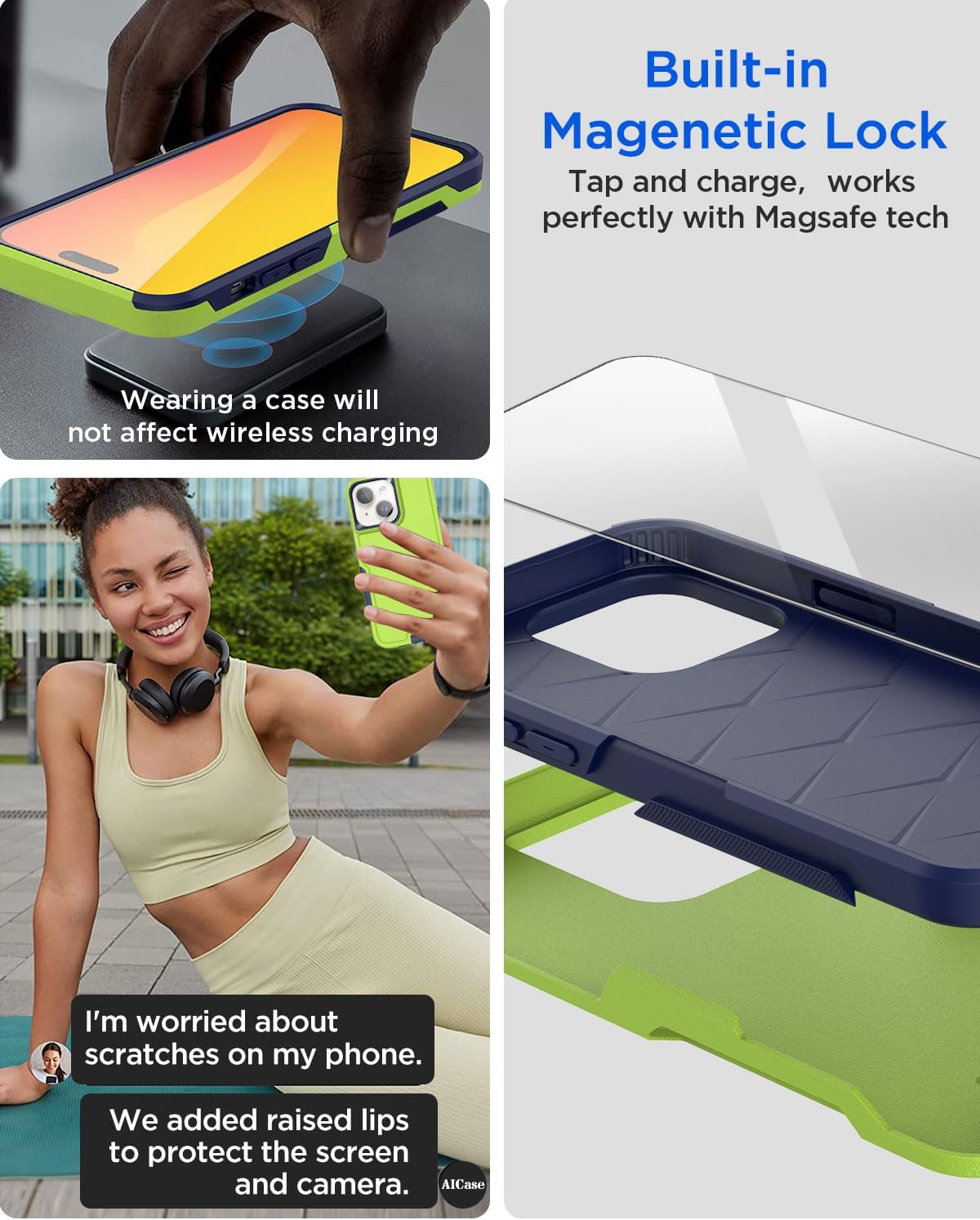 AICase Funda para iPhone 15 Plus con protector de pantalla de vidrio + lente de cámara, resistente protección contra caídas, cuerpo completo,