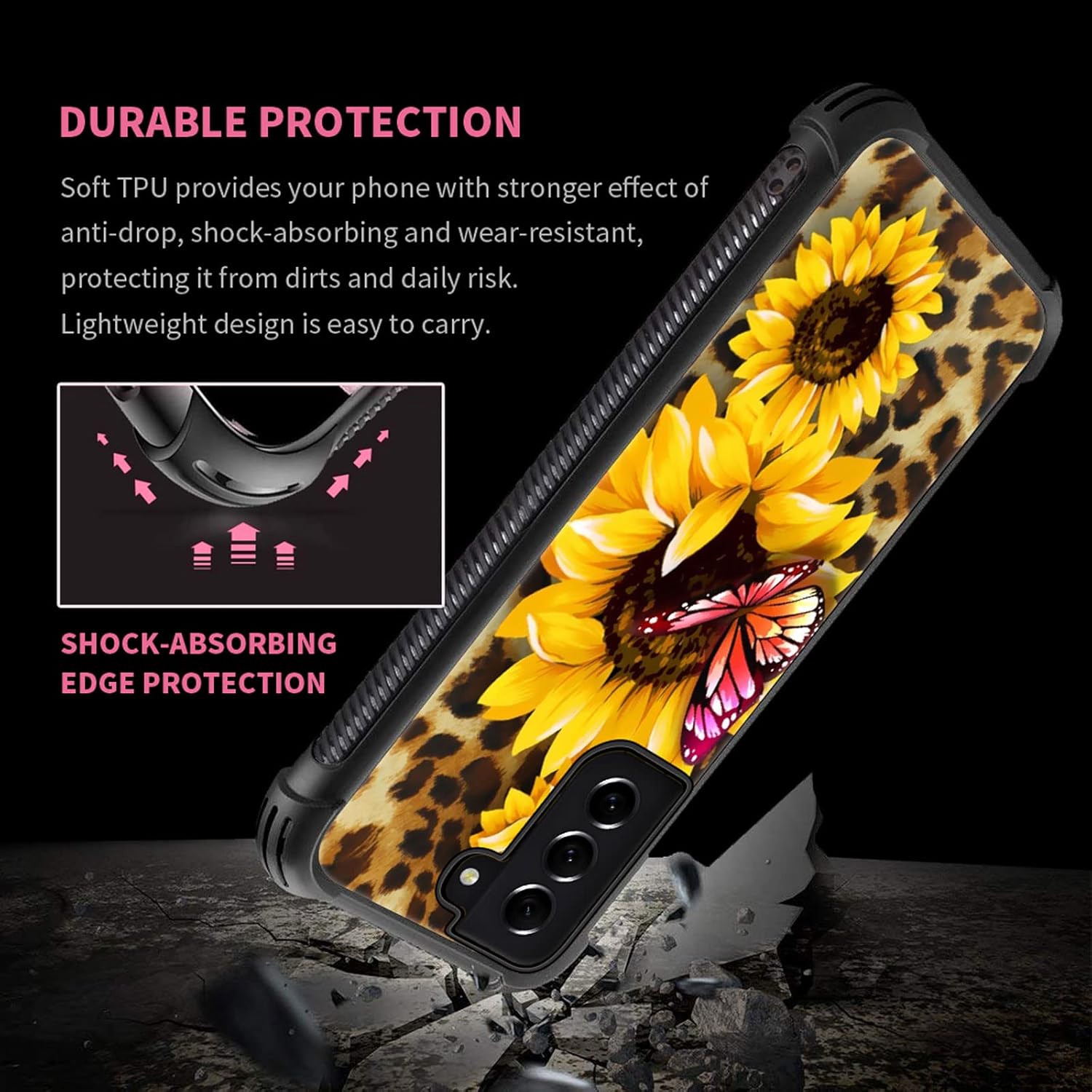 Goodsprout Funda compatible con Samsung Galaxy S22 Plus, parte trasera de girasol y mariposa de leopardo + funda protectora de silicona suave TPU