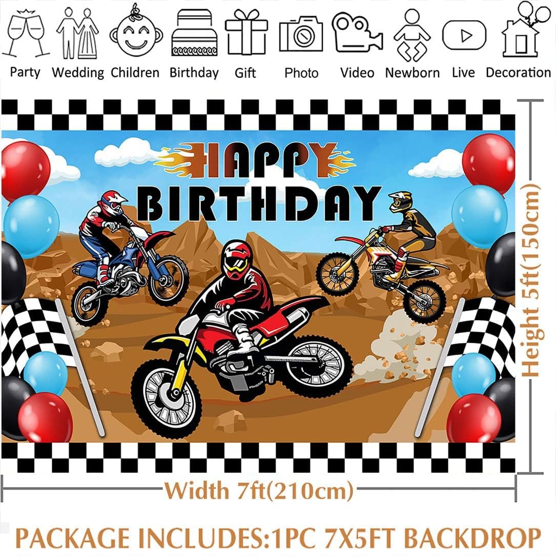Avezano Telón de fondo de motocross para niños, motocross, carreras, bicicleta de carreras, suministros de decoración de fiesta de cumpleaños (7 x 5
