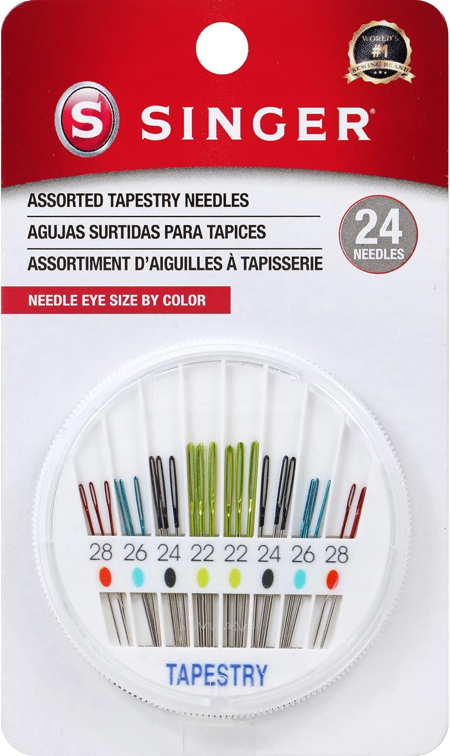 SINGER Agujas de tapiz en esfera compactas, agujas de coser de varios tamaños, tamaños 22, 24, 26, 28, juego de 24