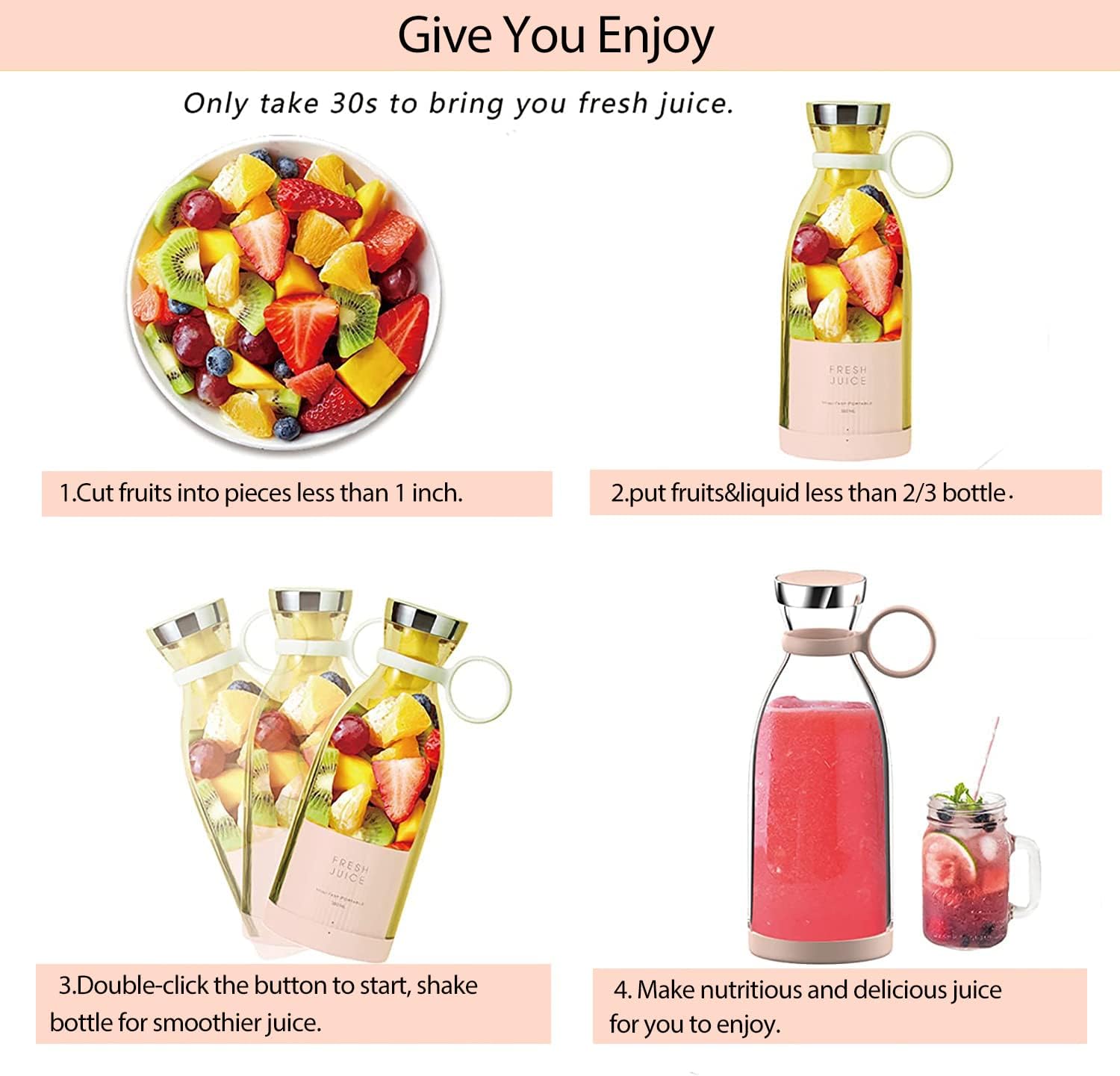 Licuadora portátil, licuadora de tamaño personal, licuadora USB alimentada por batería, con cuatro cuchillas, mini botella de viaje para jugos,