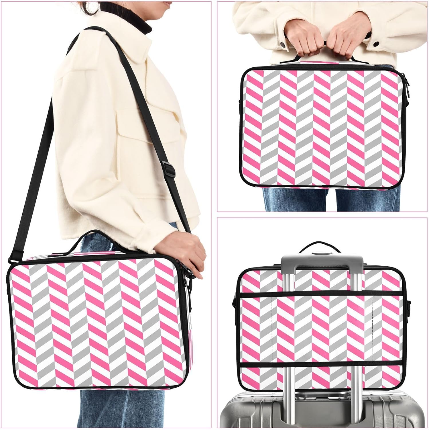 Bolsa de cosméticos de viaje con patrón geométrico de rayas para mujer, bolsa de viaje con compartimentos, bolsa de maquillaje con asa, bolsa de