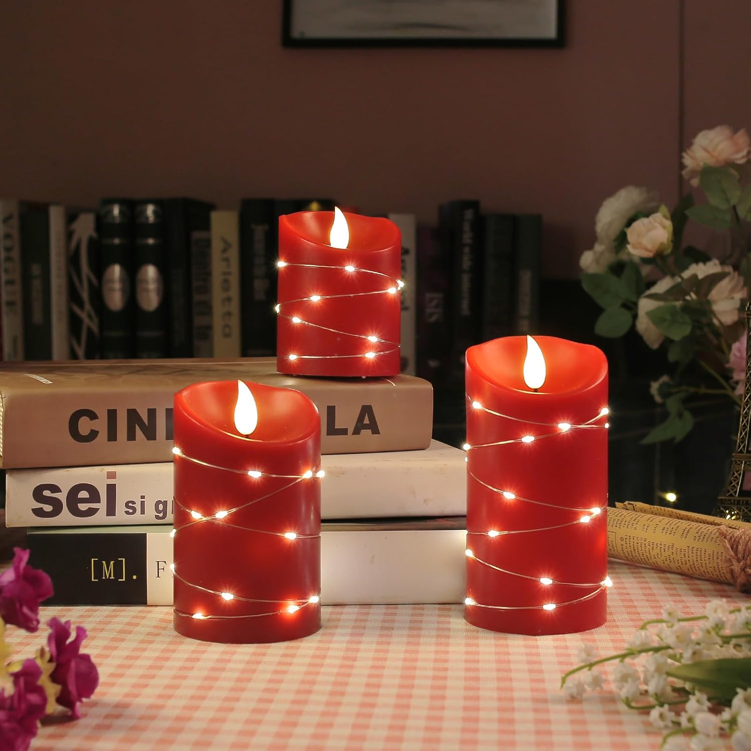 Vela sin llama recargable con cadena de velas LED con fuente de alimentación USB, control remoto, vela electrónica, luz intermitente, juego de 3