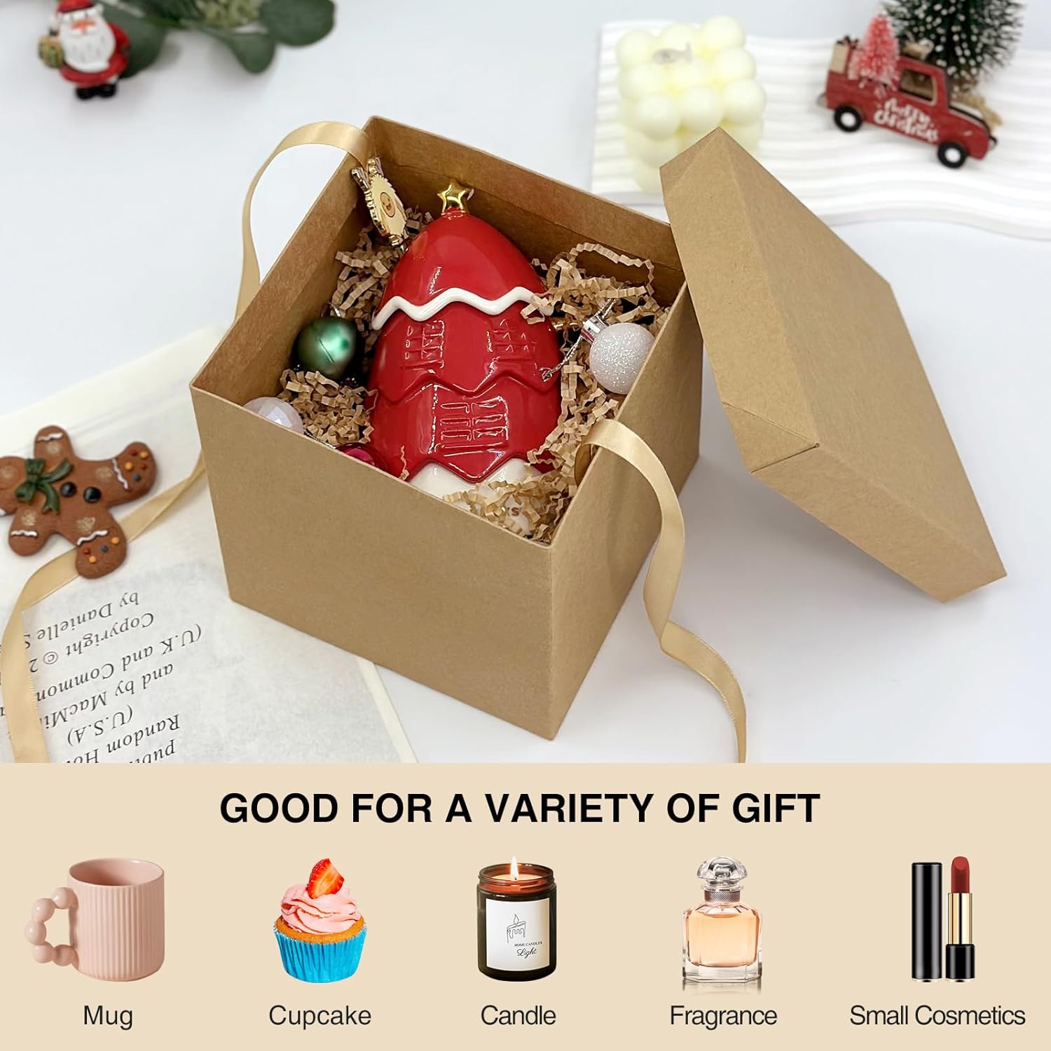 Caja de regalo marrón de 6 pulgadas con tapa y cinta para bodas, vacaciones, graduaciones, cumpleaños y aniversarios, caja de decoración de Navidad