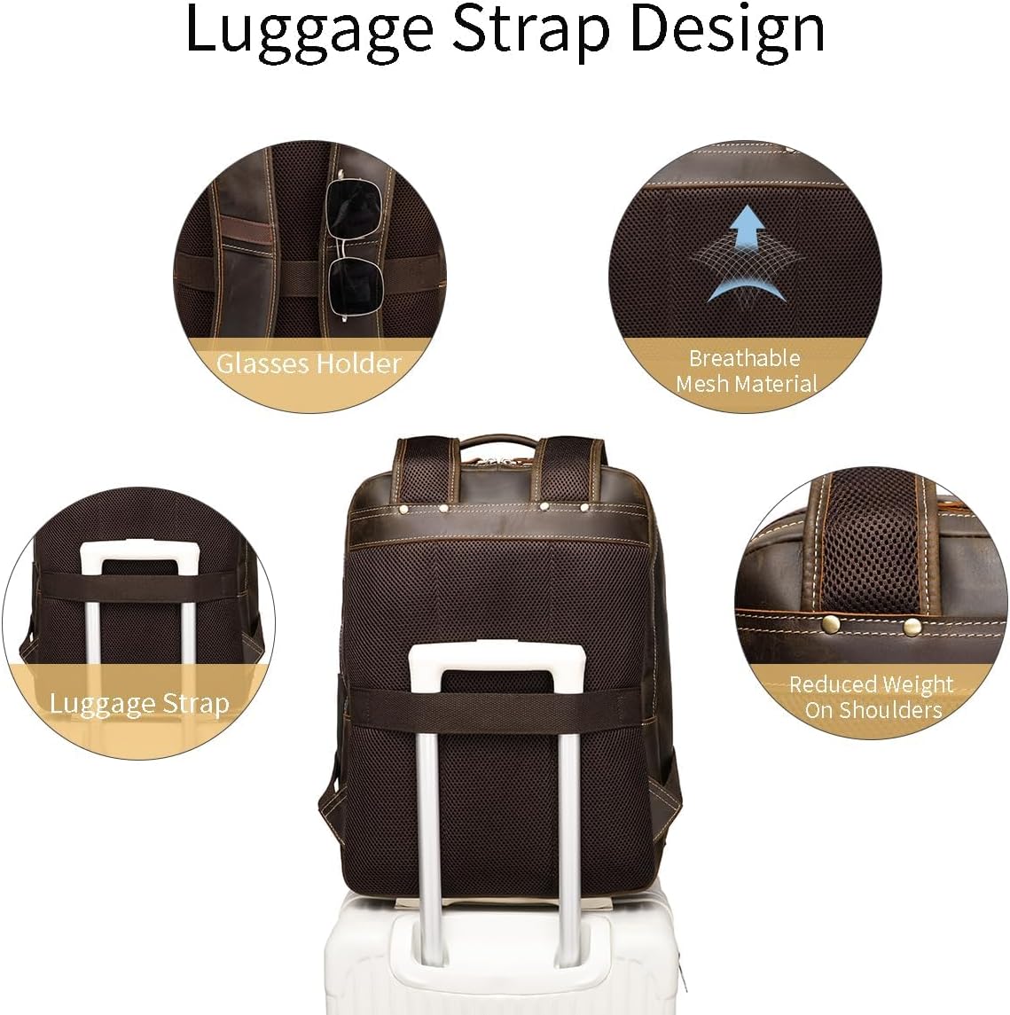 Mochila de cuero de grano completo de 16 pulgadas para computadora portátil para hombres, gran capacidad, negocios, senderismo, viajes, mochila