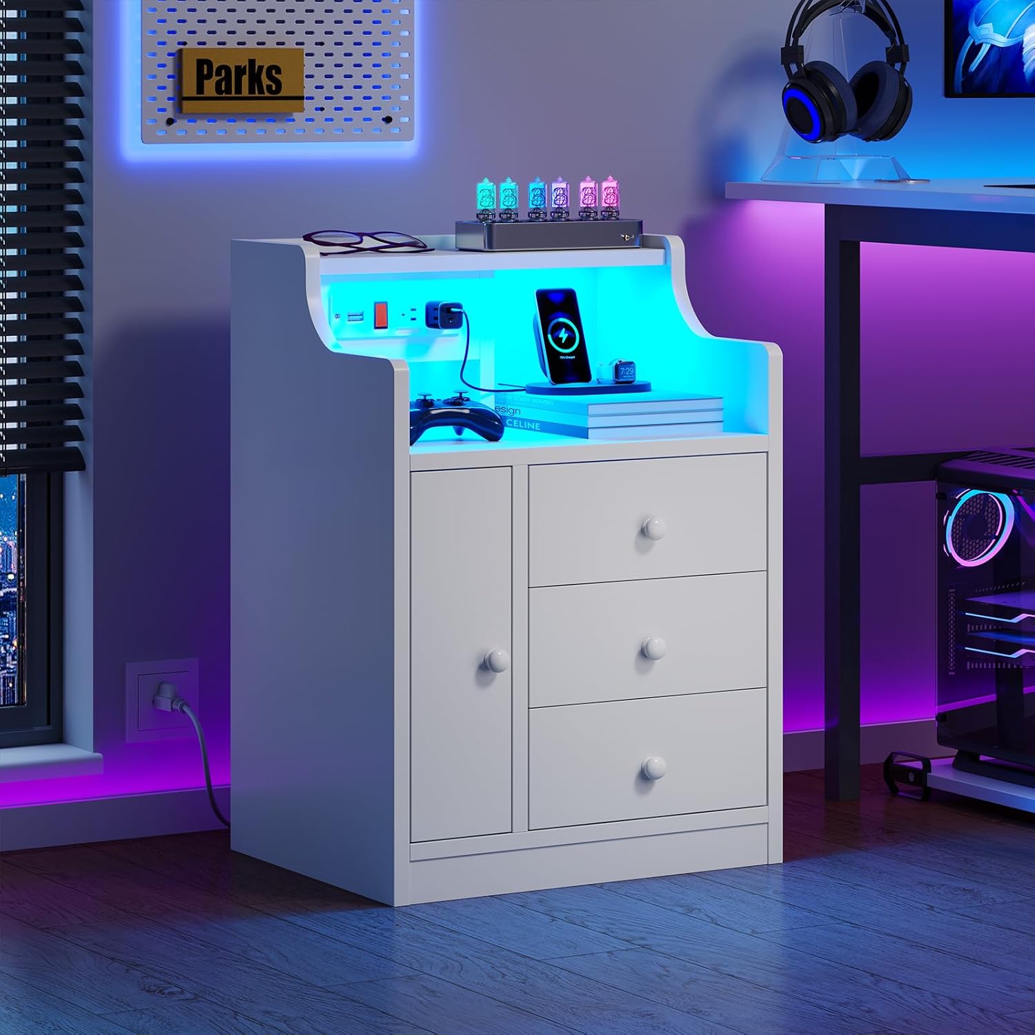 Mesita de noche con estación de carga, mesitas de noche blancas con gabinete y luces LED, mesita de noche con 3 cajones, 2 tomas de corriente, 2