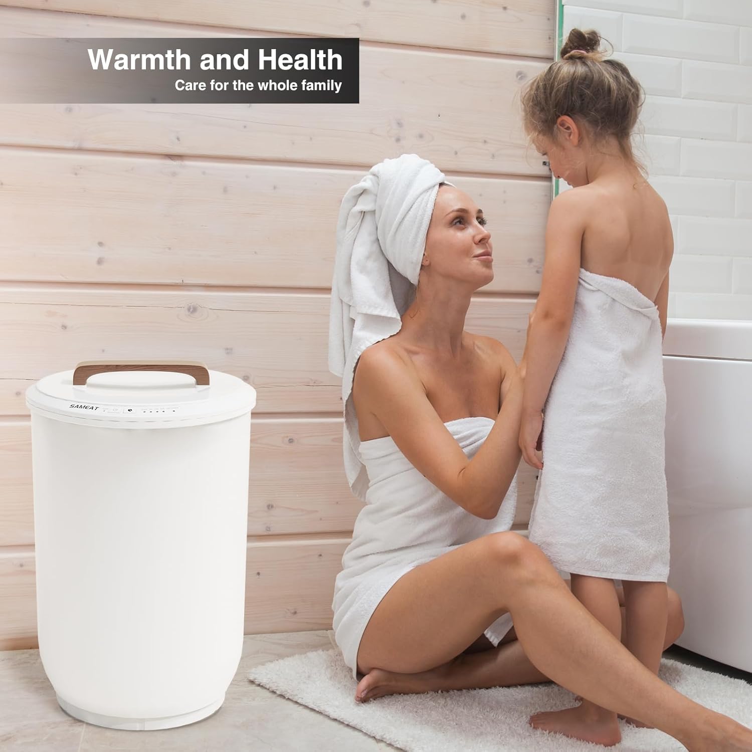 SAMEAT Calentadores de toallas con calefacción para baño, cubo grande para calentador, mango de madera, apagado automático, se adapta a hasta dos