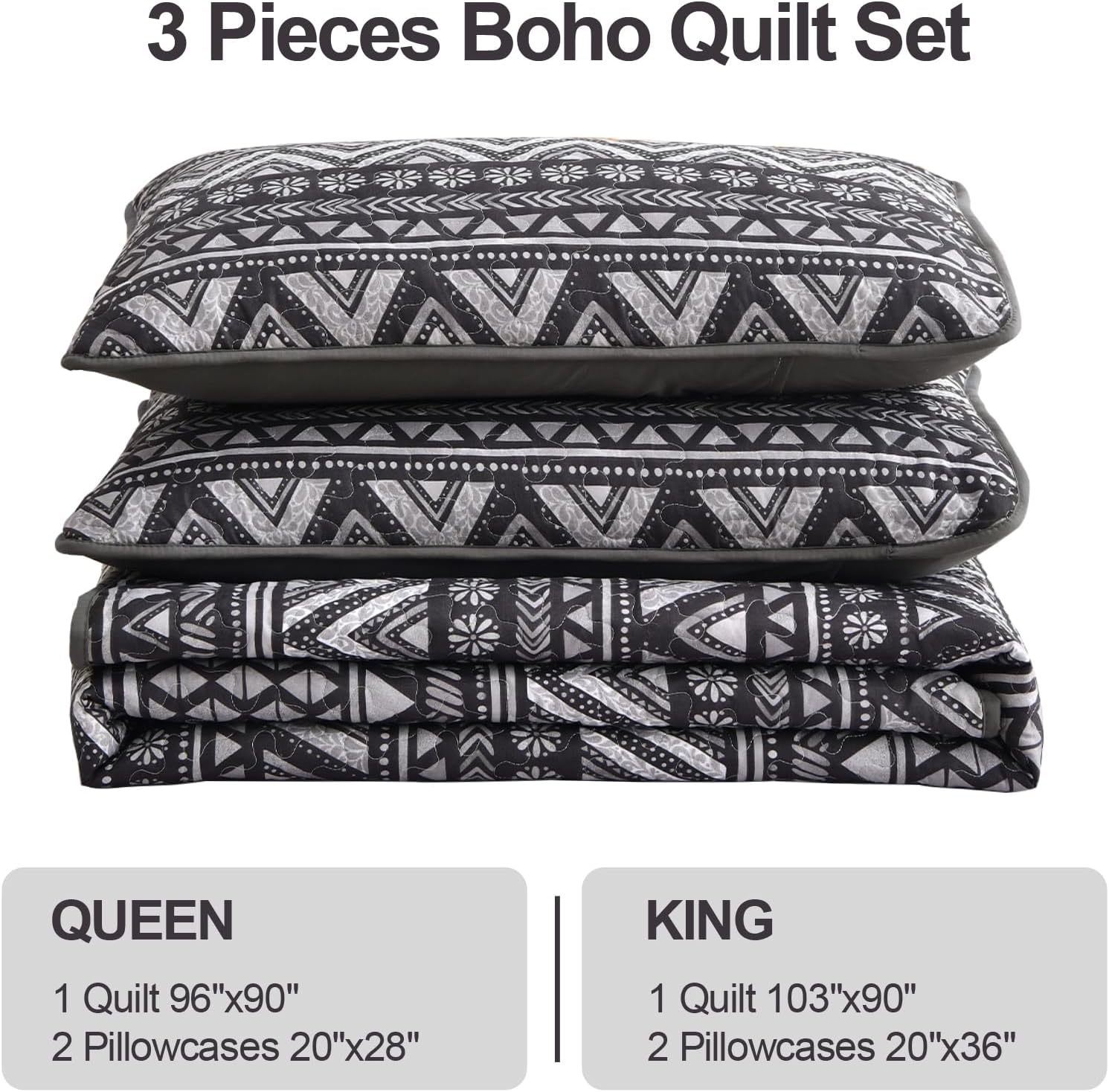 Juego de edredón bohemio de color gris oscuro, tamaño Queen, juego de edredón geométrico de 3 piezas a rayas grises con 2 fundas de almohada, juego