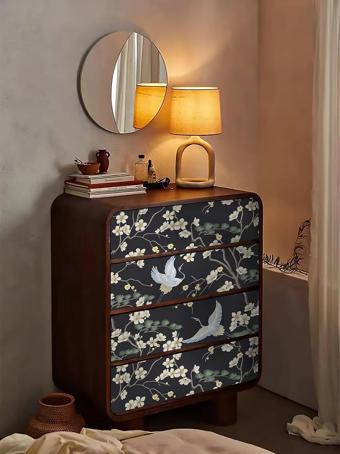 Micpolo Papel tapiz autoadhesivo y extraíble de 16.1 x 197 pulgadas, papel de contacto floral negro con flores y pájaros, autoadhesivo y extraíble