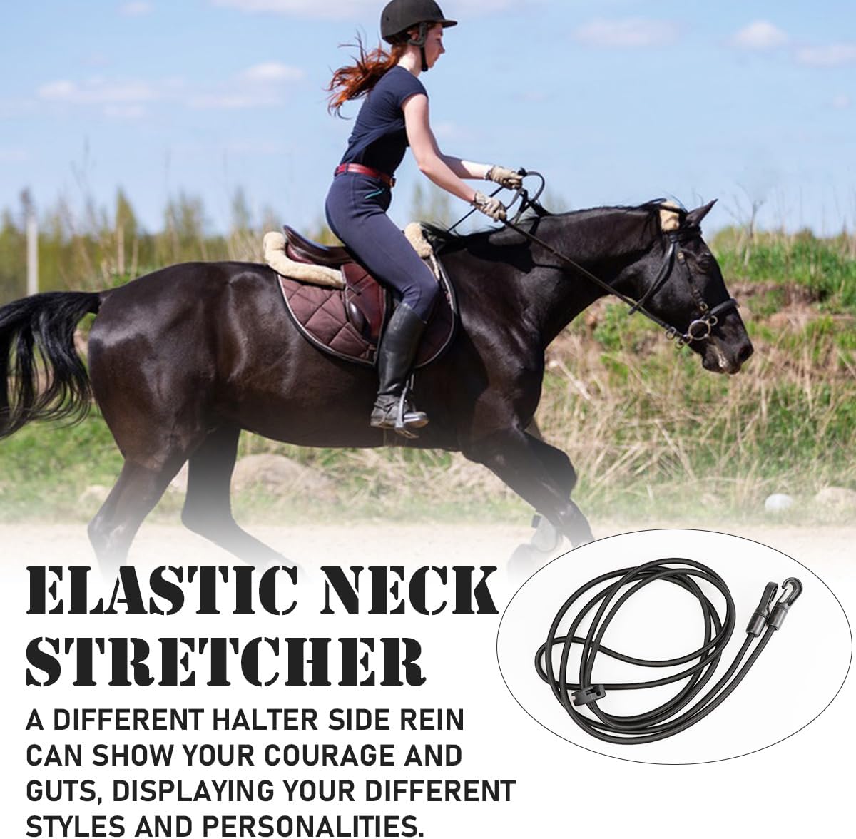Cuerda de entrenamiento de riendas de caballo ajustables, estirador elástico de cuello de caballo, riendas de nailon para caballos (118 pulgadas de