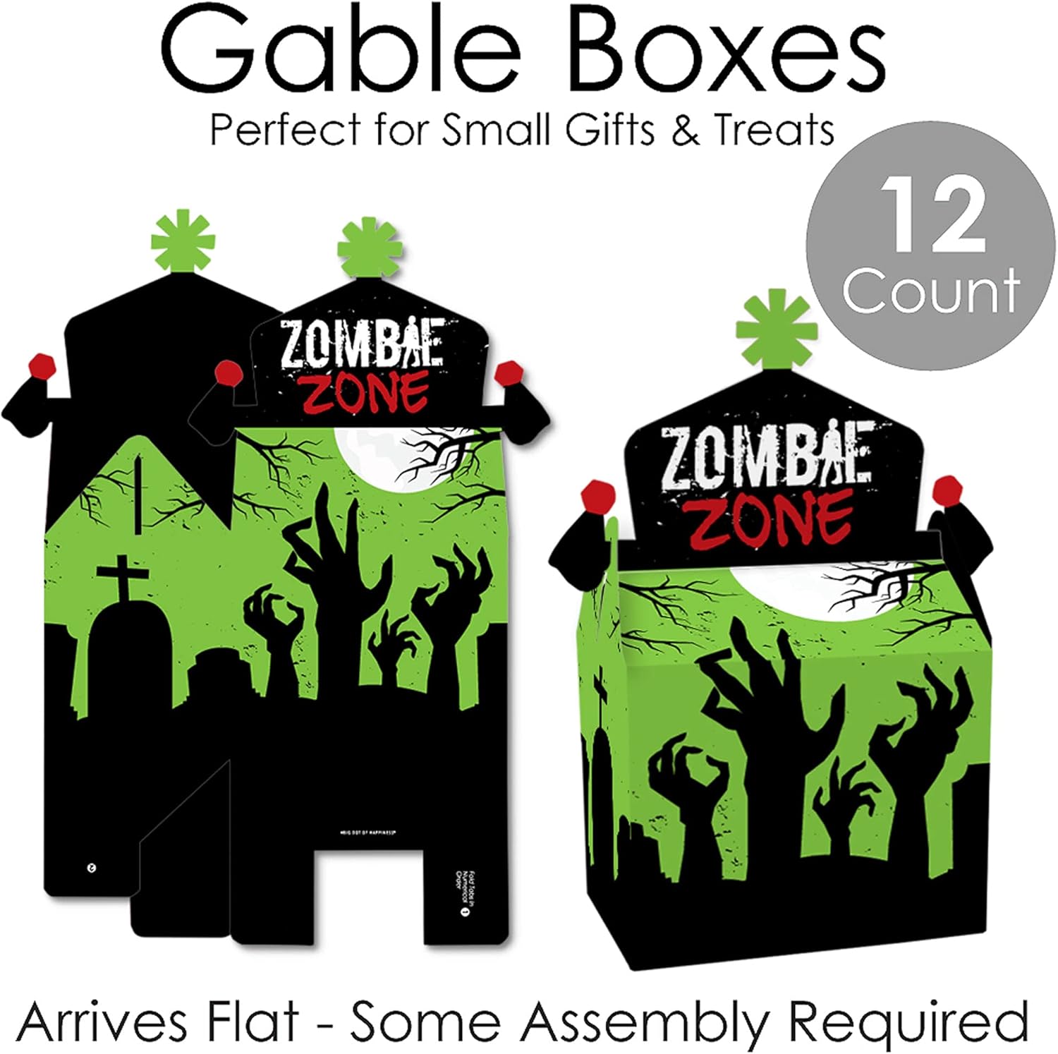 Big Dot of Happiness Zombie Zone – Caja de golosinas para fiestas – Halloween o cumpleaños Zombie Crawl Party Goodie Gable Boxes – Juego de 12