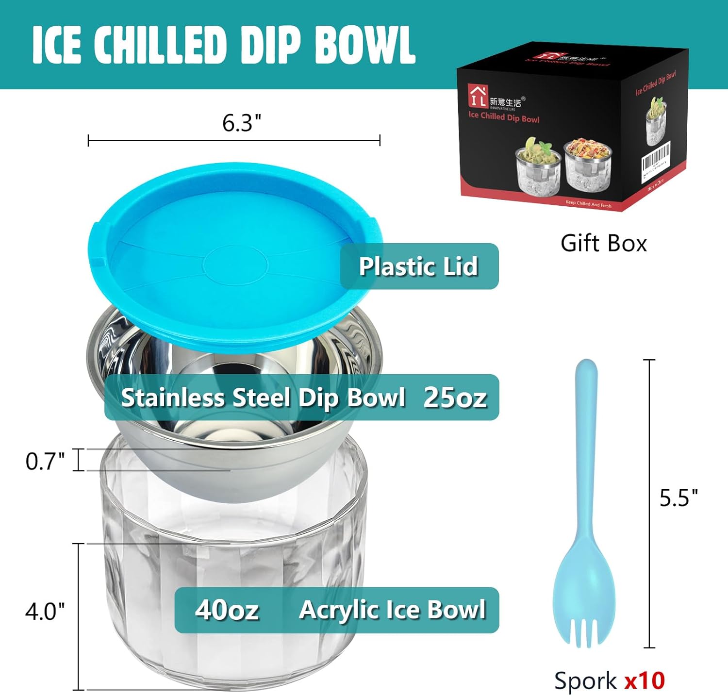 Cuencos de hielo para servir alimentos fríos, paquete de 2, platos enfriadores de inmersión de 25 onzas para salsas, salsa, guacamole, ensalada,