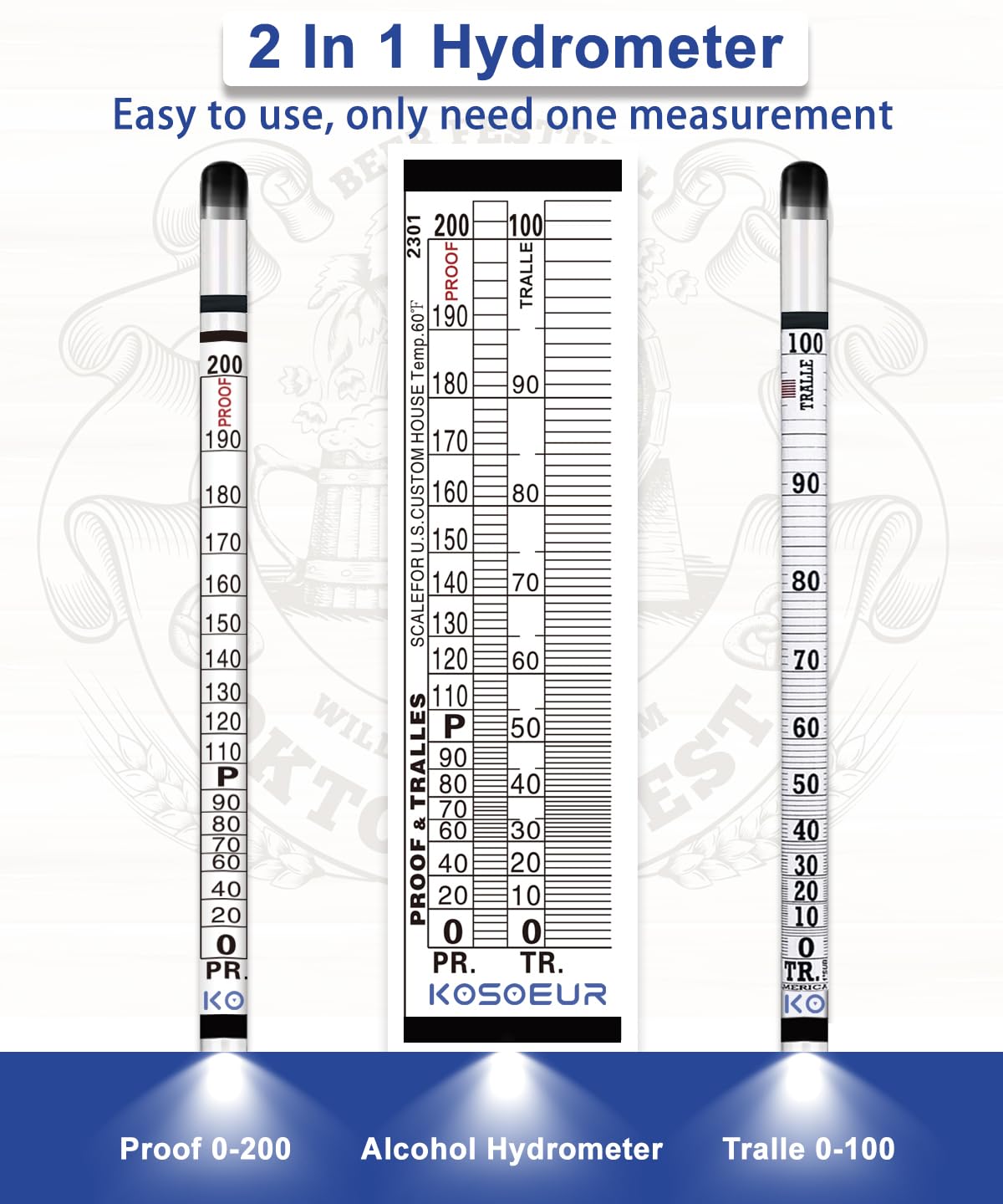Kit de medidor de alcohol hidrómetro, hidrómetro de alcohol 0-200 a prueba y Tralle, probador de alcohol para licor, hidrómetro de alcohol para luz