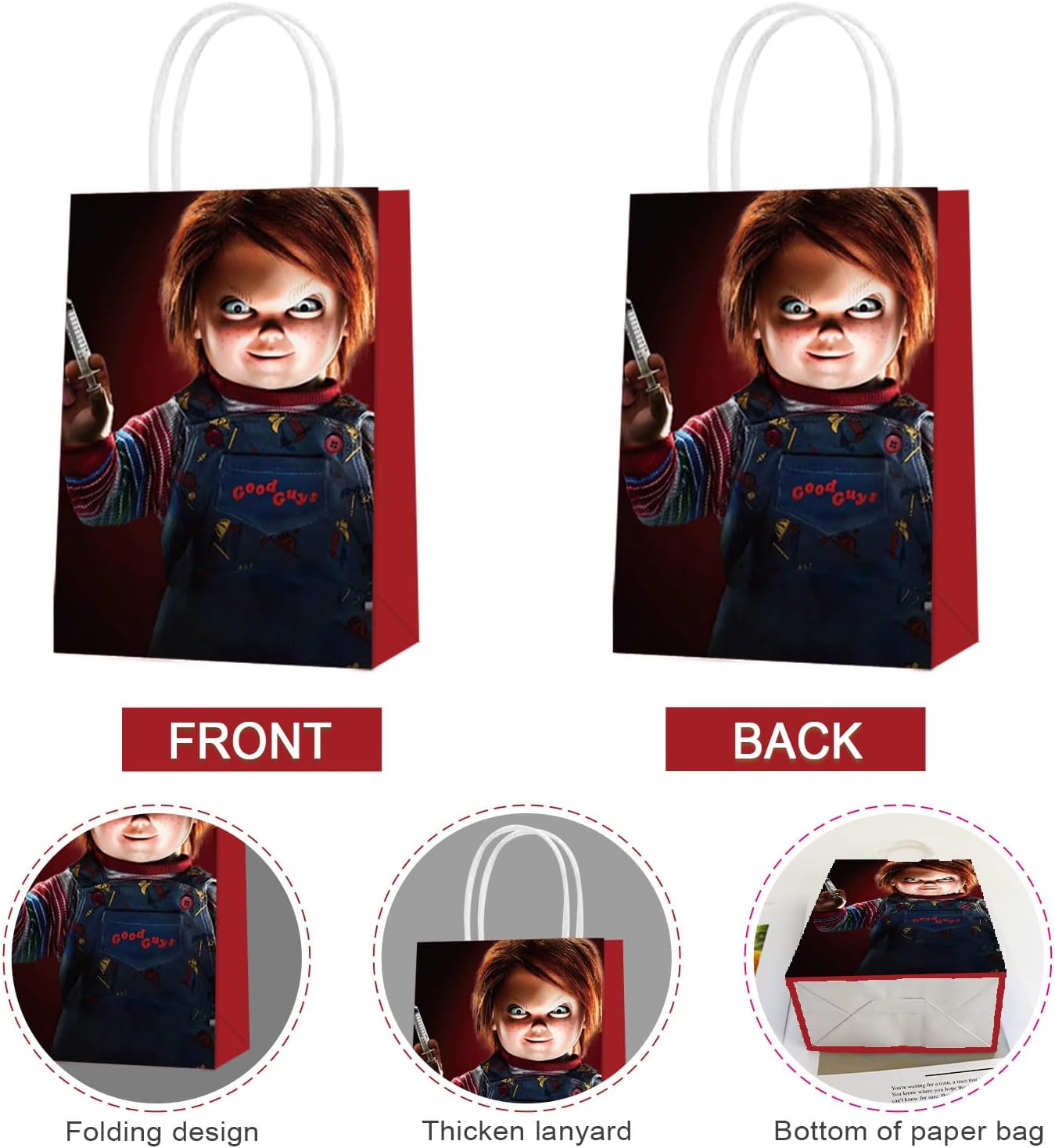 Chucky – 16 bolsas de regalo de papel para fiesta, 2 estilos, bolsas de recuerdo de fiesta con asas para decoraciones de fiesta de Chucky, bolsas de