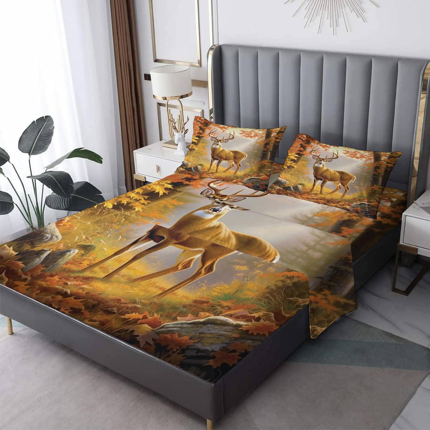 Sábanas de ciervo tamaño Queen  Sábanas de cama de animales del bosque otoñal, microfibra suave, bolsillo profundo, sábanas y fundas de almohada