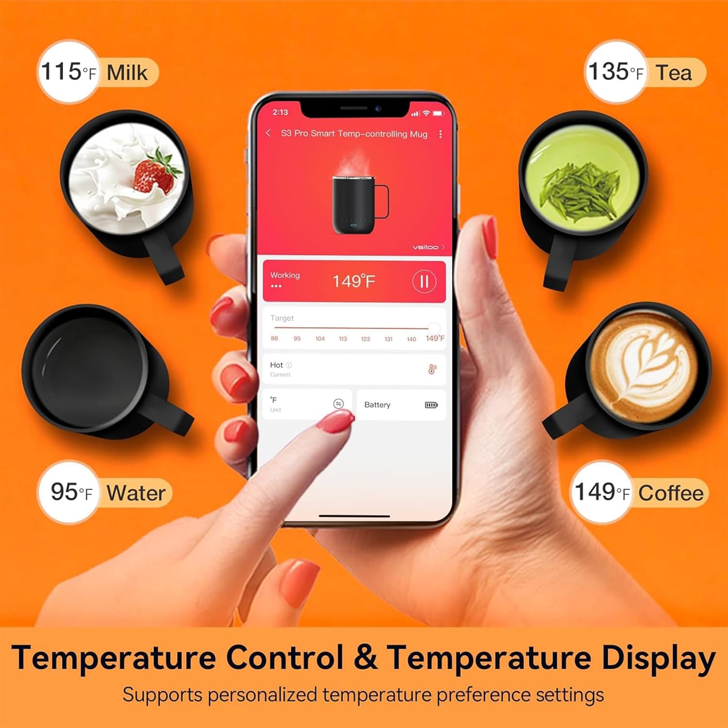 vsitoo S3pro – Taza inteligente de control de temperatura 2 con tapa, taza de café autocalentable de 14 onzas, duración de la batería de 90 minutos,