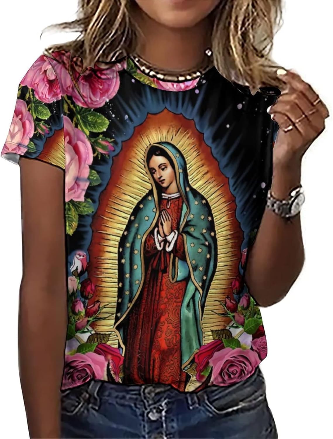 Camiseta con estampado completo para mujer Virgen María de Guadalupe
