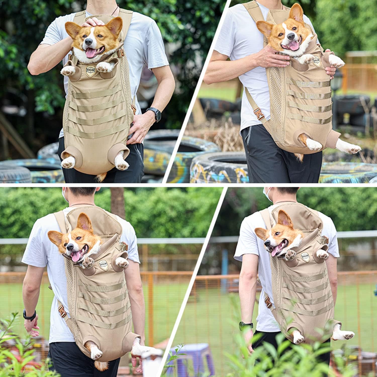 FLAdorepet Mochila táctica transportadora para perros medianos y grandes, patas suaves manos libres hacia afuera de mascotas, mochila de transporte