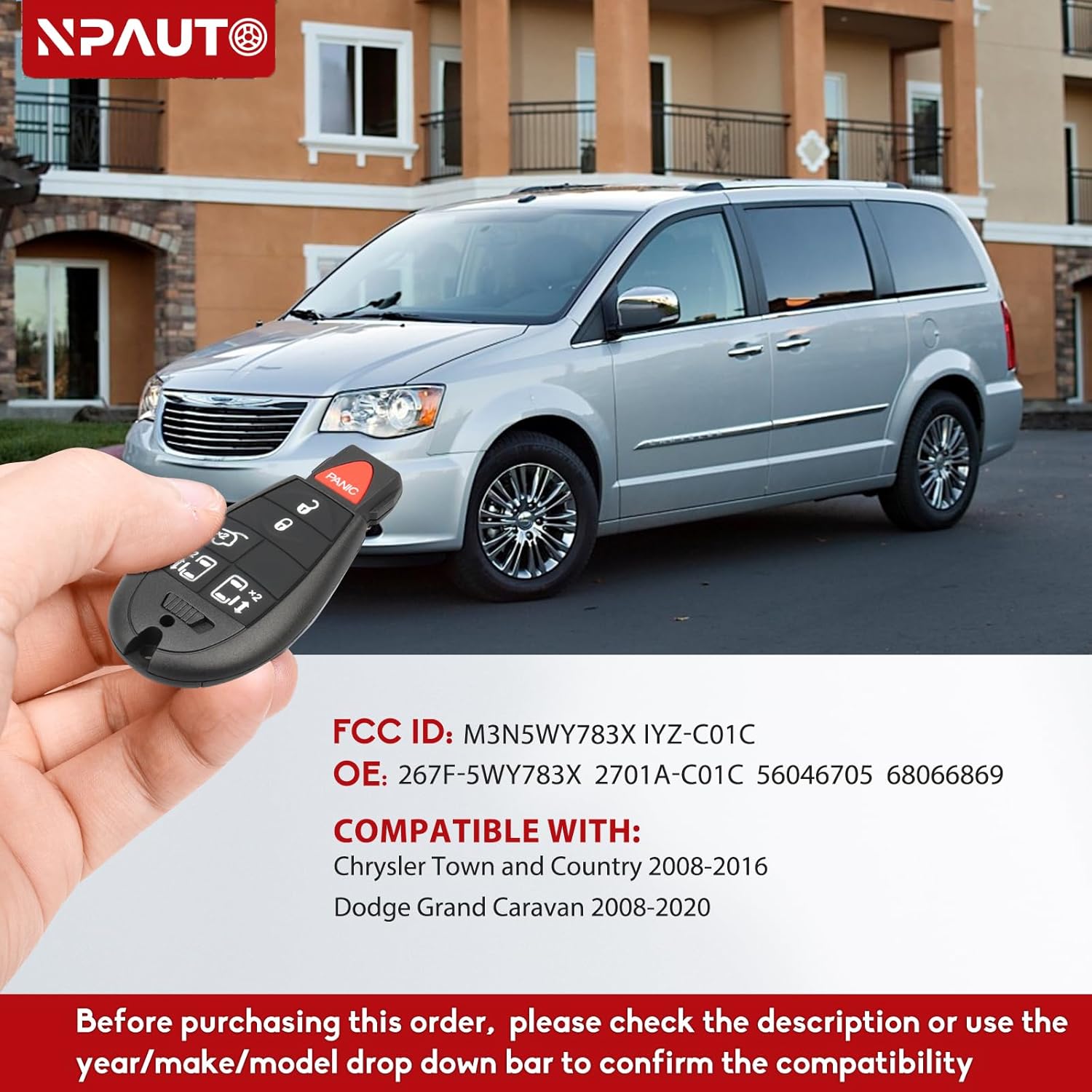 NPAUTO Llavero Fobik de repuesto para Chrysler Town and Country 2008-2016, Dodge Grand Caravan 2008-2020 – Llavero de automóvil con control remoto
