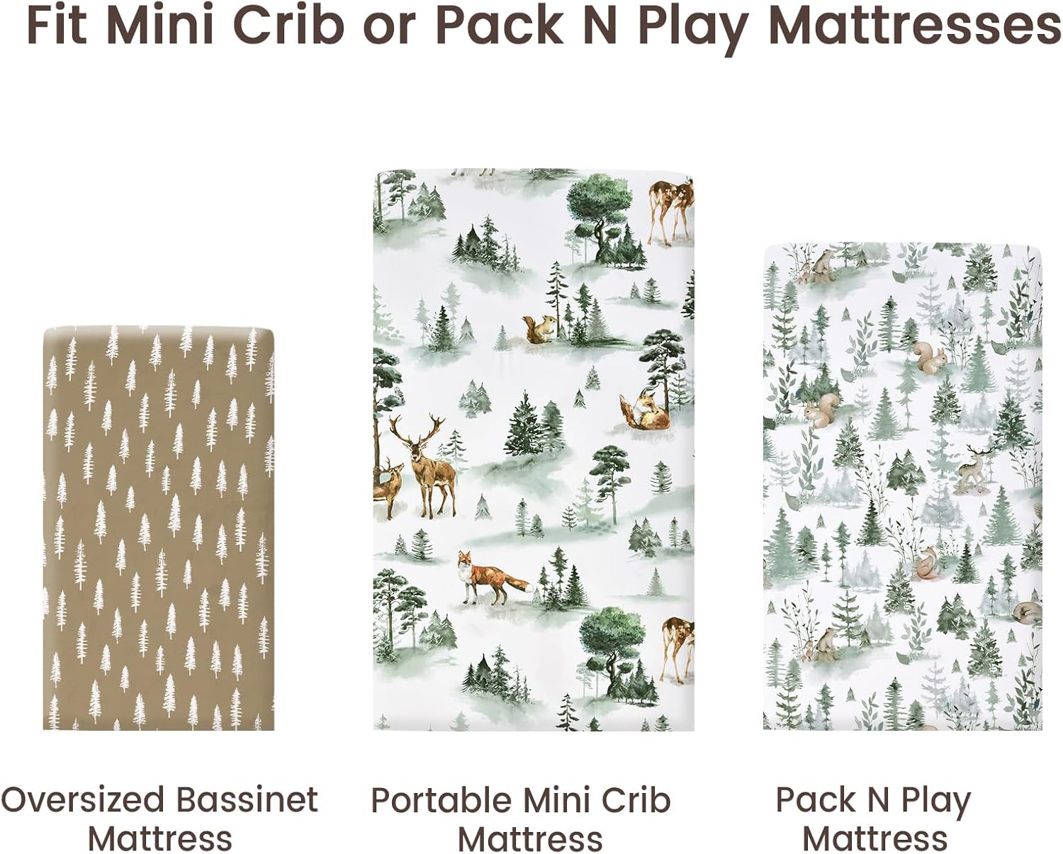 PHF Paquete de 3 sábanas suaves para cuna, sábanas sedosas de Woodland Pack N Play para bebés, niños y niñas, ajuste universal para colchones Pack N