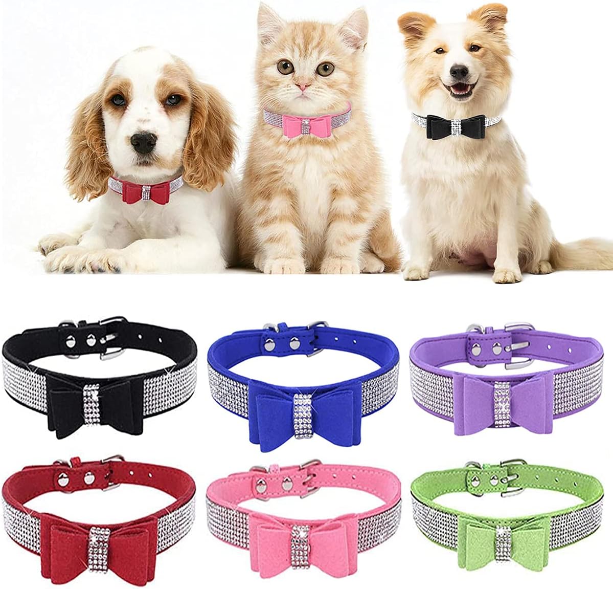 Juego de collar para perro con correa, collares y correas ajustables para perros y gatos con diamantes de imitación y lazo de cristal brillante para
