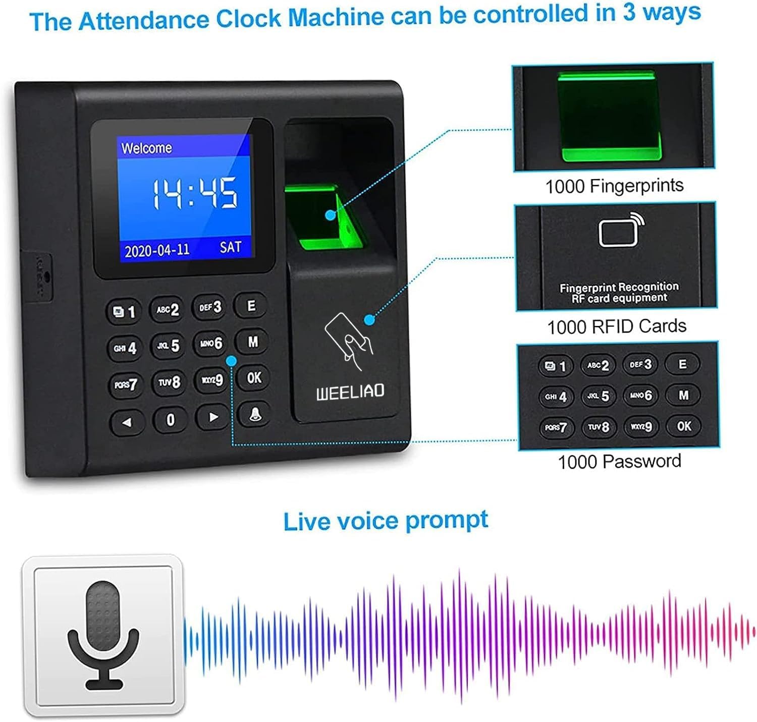 WEELIAO Máquina de asistencia de tiempo, huella dactilar, contraseña, reloj de tiempo para empleados con escaneo de dedos, RFID y perforación de PIN