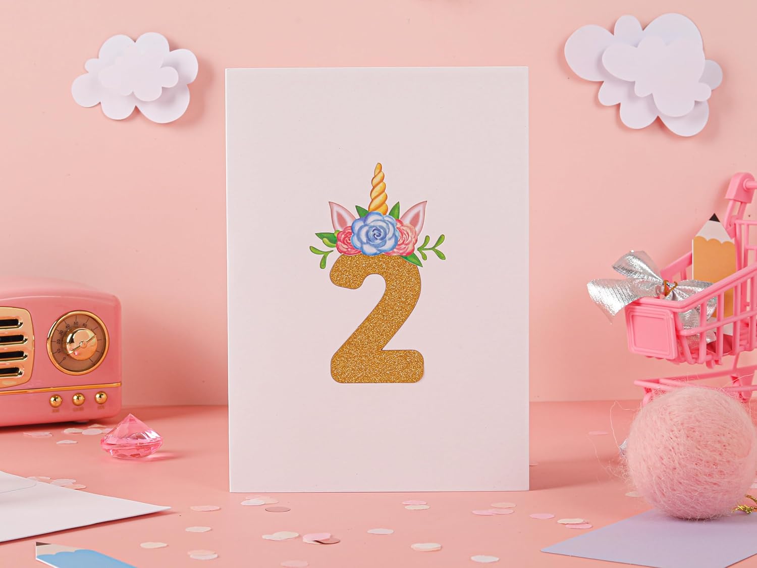 Liif Tarjeta de feliz cumpleaños de 2 cumpleaños de unicornio, tarjeta de cumpleaños desplegable para niños de 2 años para niños, niñas, niños