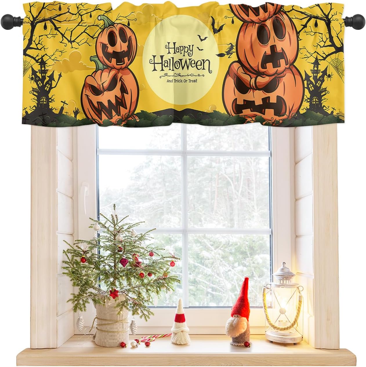Window Valance Curtain for Kitchen, Halloween Pumpkin Bat Branch Castle Moon 42″x12″ Rod Pocket Window Treatment Valance Privacy Toppers Drape for